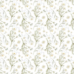 A delicate and serene pattern of "Daisy Bouquet Wallpaper - Large" showing a beautiful array of daisies and wildflowers in soft white and yellow hues, intertwined with subtle green foliage, set against a clean white background. This design brings a refreshing and natural feel suitable for brightening any living space.