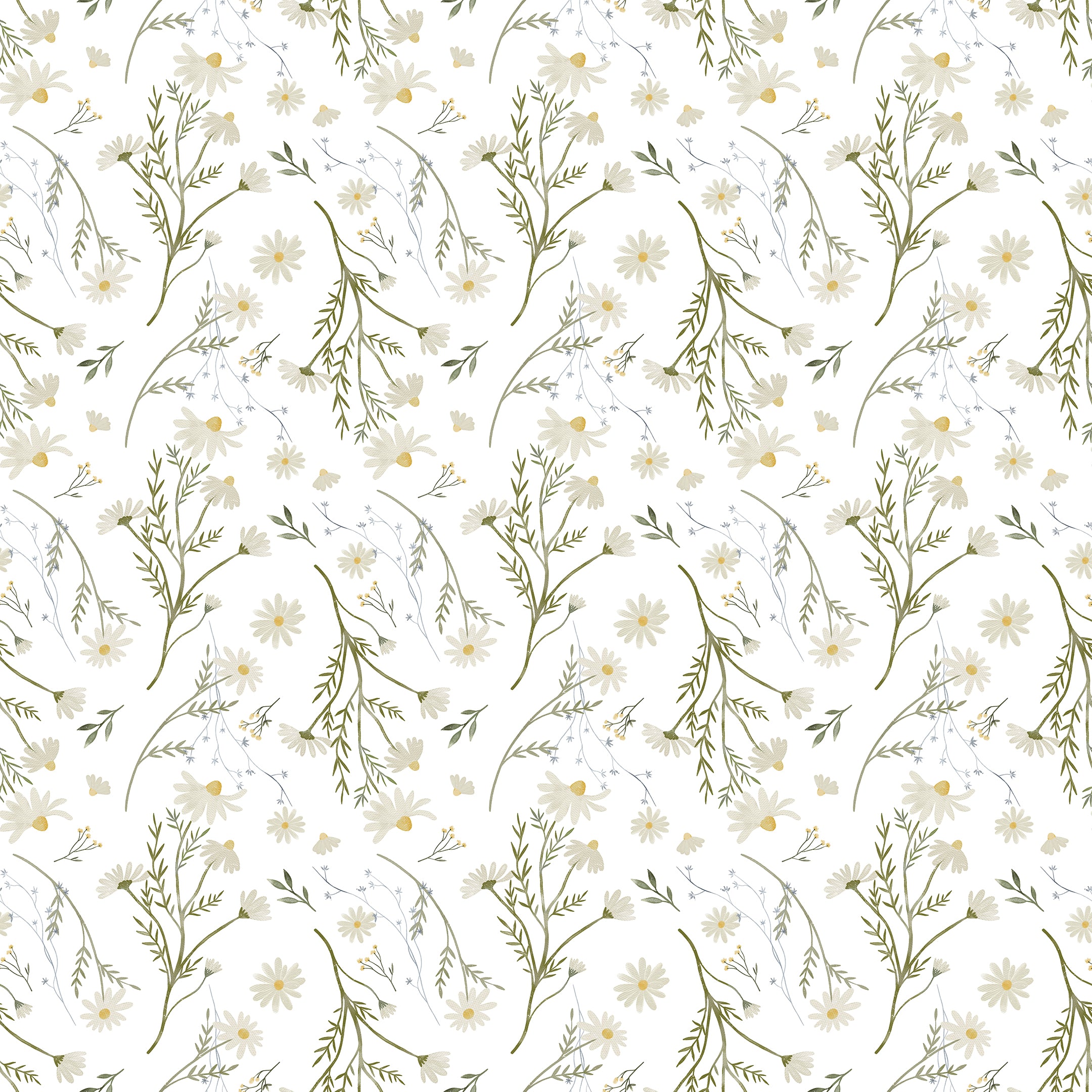 A delicate and serene pattern of "Daisy Bouquet Wallpaper - Large" showing a beautiful array of daisies and wildflowers in soft white and yellow hues, intertwined with subtle green foliage, set against a clean white background. This design brings a refreshing and natural feel suitable for brightening any living space.