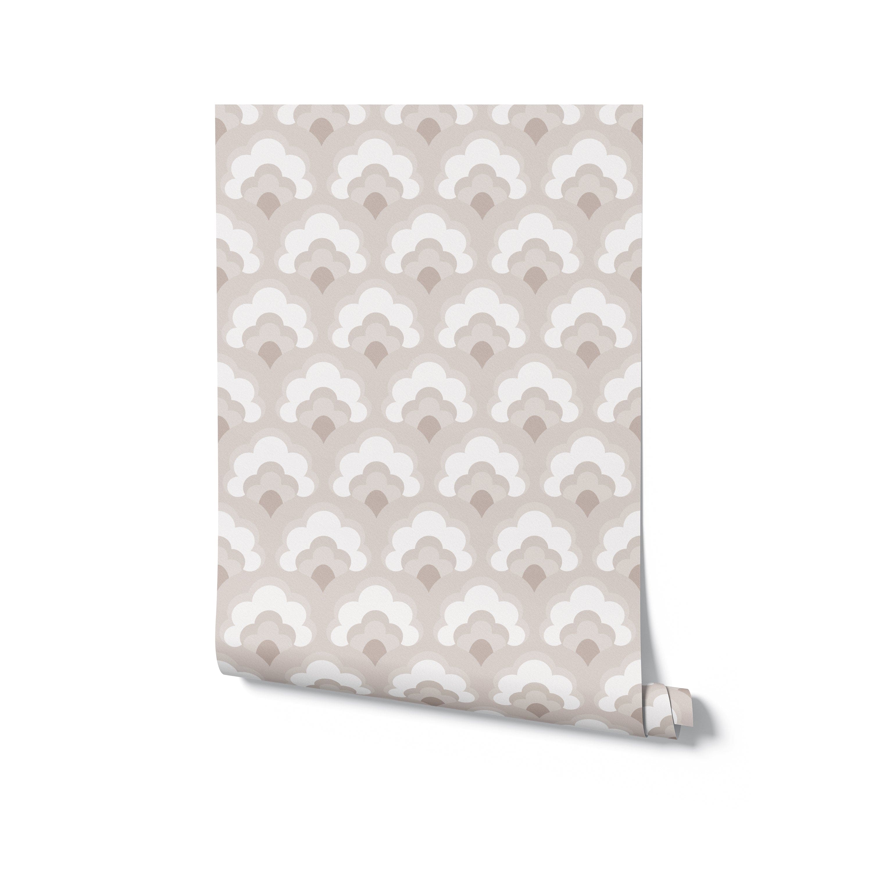 A roll of 'Scallop Mosaic Wallpaper' partially unrolled, displaying the elegant beige and white scalloped pattern. This image highlights the wallpaper's potential to enhance home decor with its graceful and timeless design.