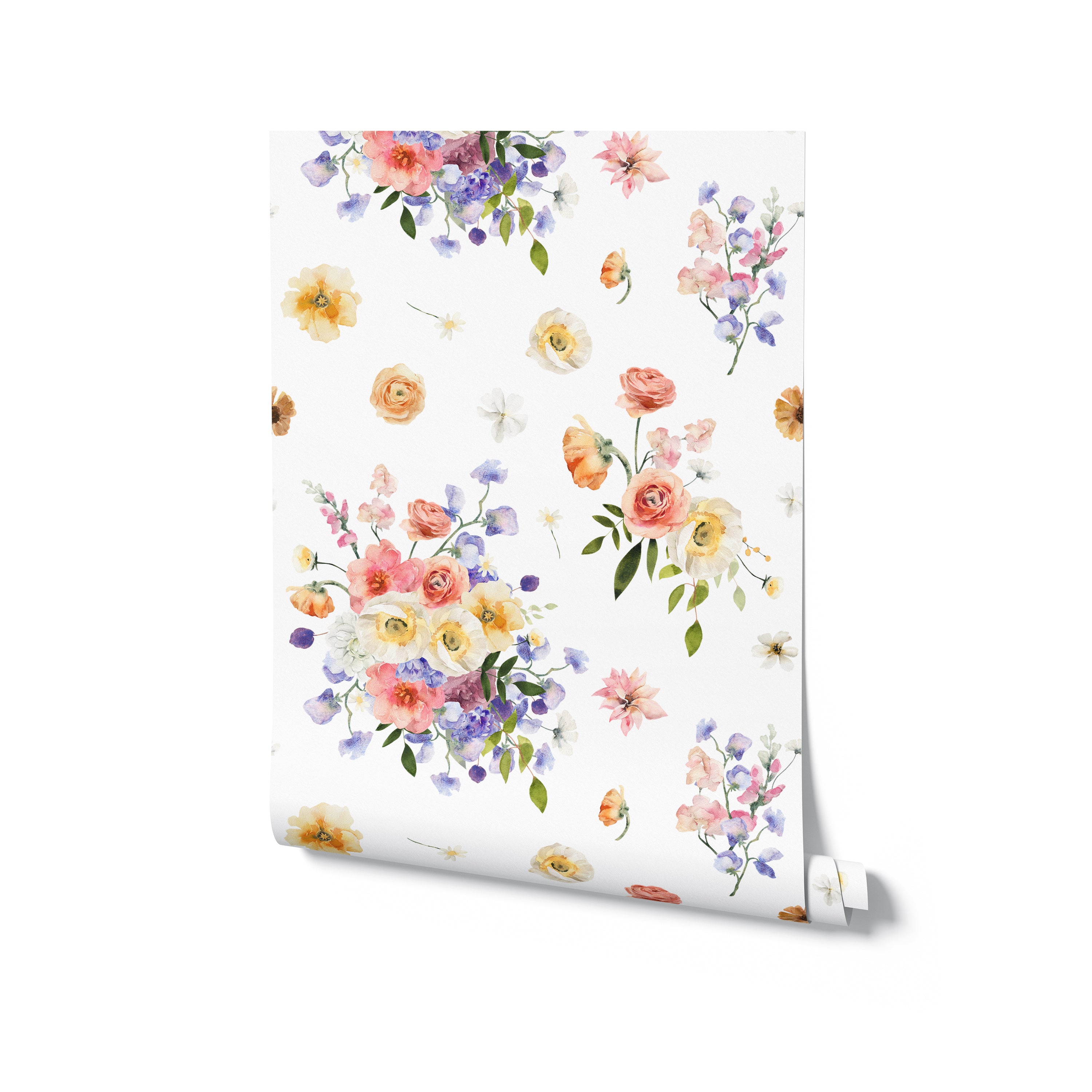 A roll of Bouquet Bliss Wallpaper illustrating the detailed floral pattern with an assortment of garden flowers in vibrant colors on a white background. The design is ideal for creating a focal point in any room, adding both color and a sense of tranquility.