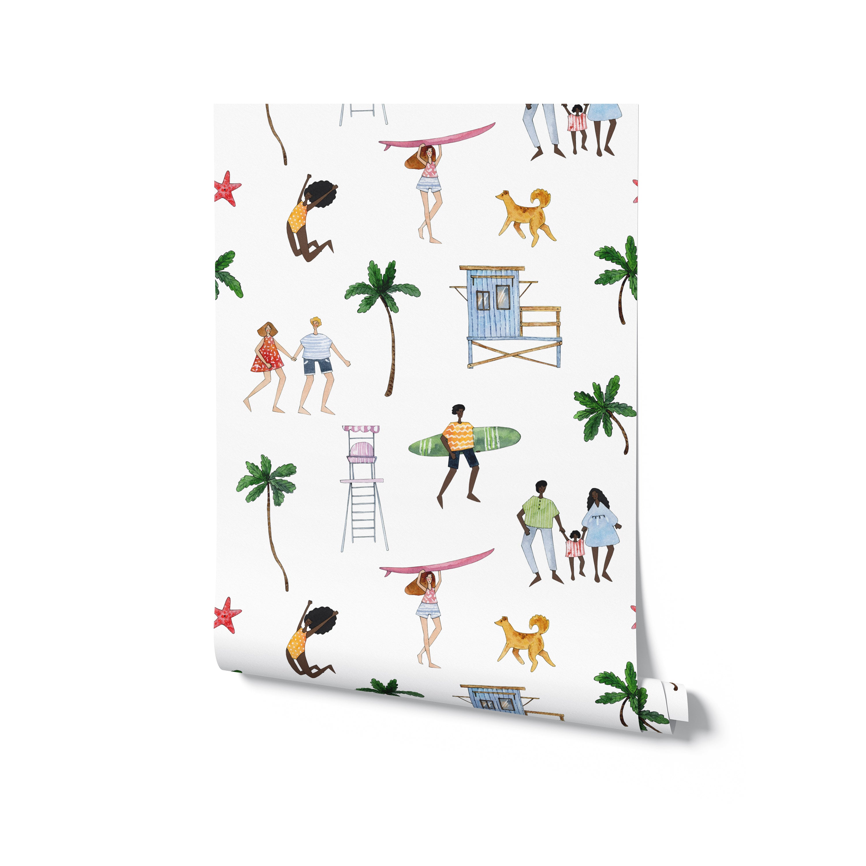 A rolled panel of the Beach Party Wallpaper featuring a vibrant pattern of beachgoers, palm trees, and lifeguard huts, perfect for a playful summer theme.