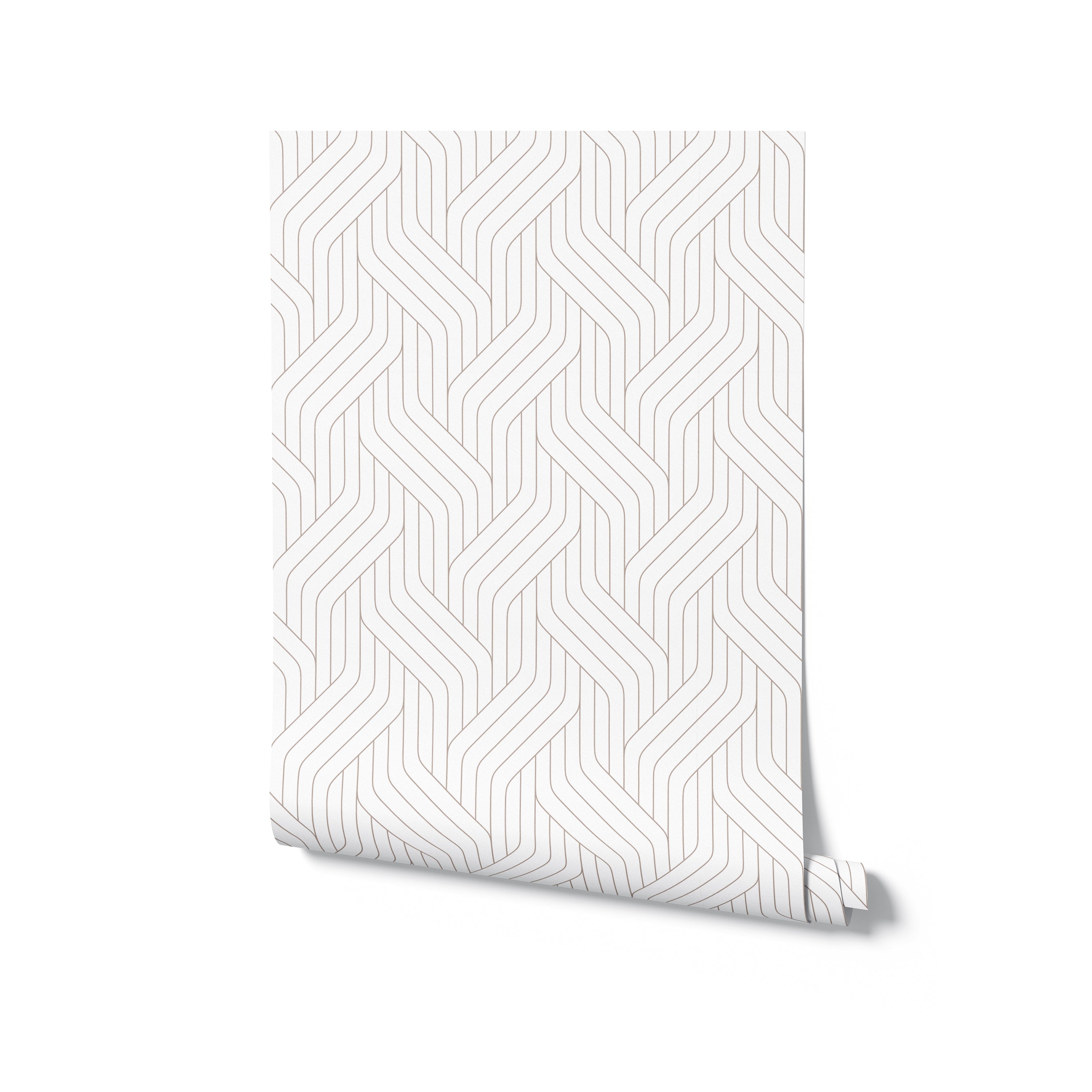 Roll of Modern Braids Wallpaper showing the full pattern design with beige geometric braids on a white background