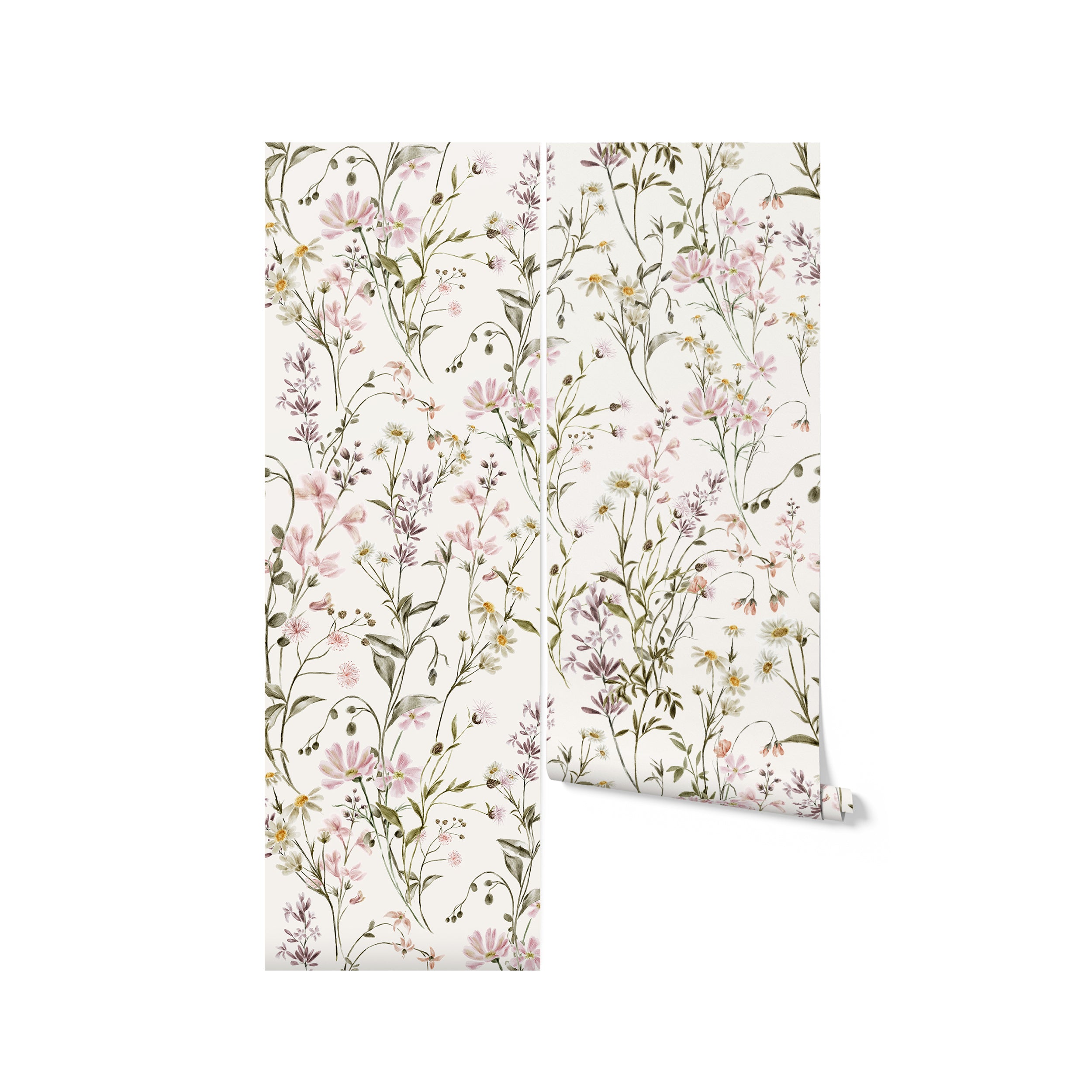 Sample of the WildFloral Wallpaper shown rolled halfway, featuring a detailed and artistic pattern of wildflowers in watercolor style. The pastel colors and intricate design of the flowers and leaves provide a soothing and organic aesthetic