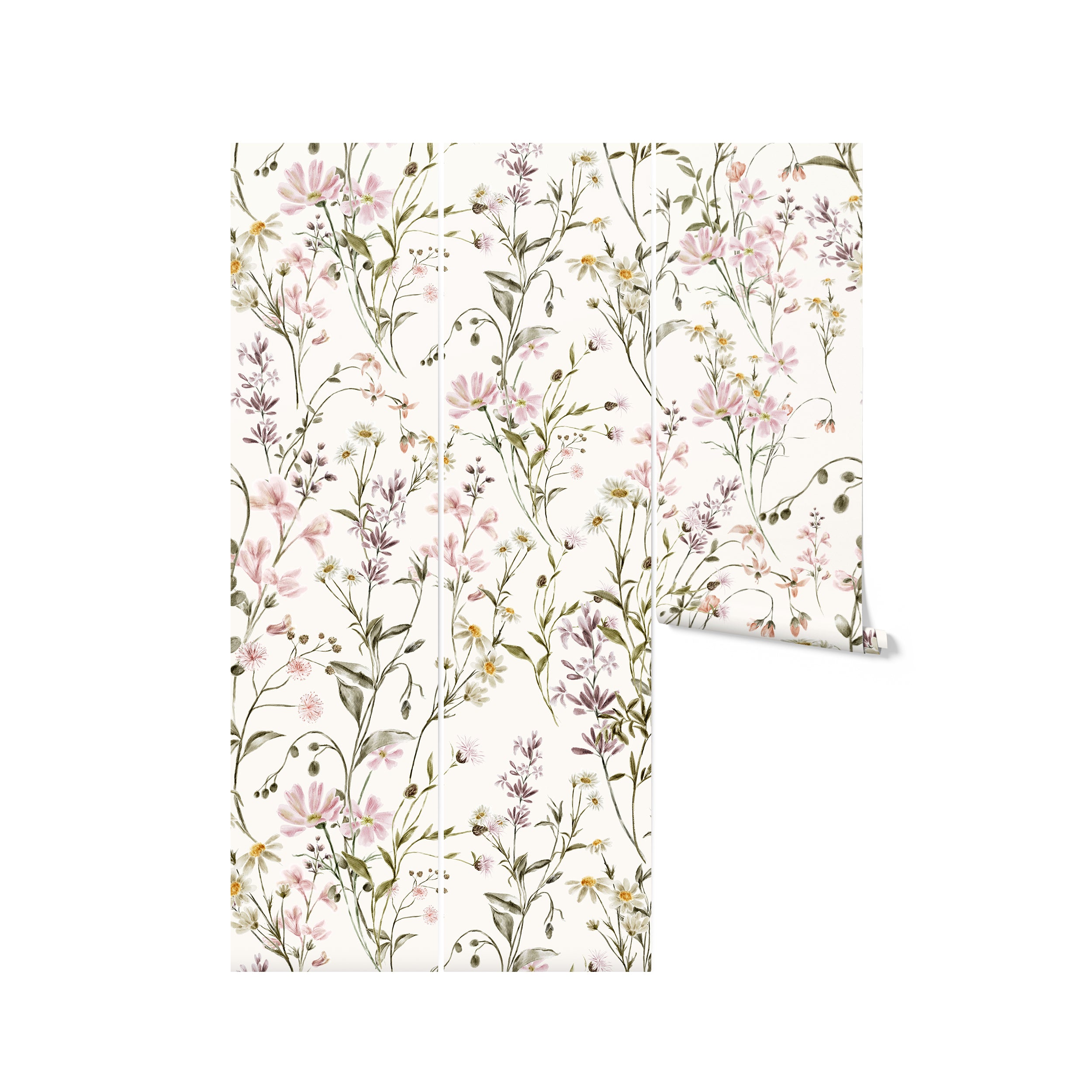 A roll of the "WildFloral Wallpaper - 75"" wallpaper is partly unrolled, showcasing the continuous floral pattern. The wallpaper's design, with its hand-painted look, promises to offer a fresh and artistic feel to any room it graces.