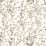 The "WildFloral Wallpaper - 75"" features a lush array of hand-painted wildflowers in soft pinks, purples, and yellows with verdant green foliage. The background is a pale, neutral tone that enhances the vibrant, watercolor aesthetic of the florals.