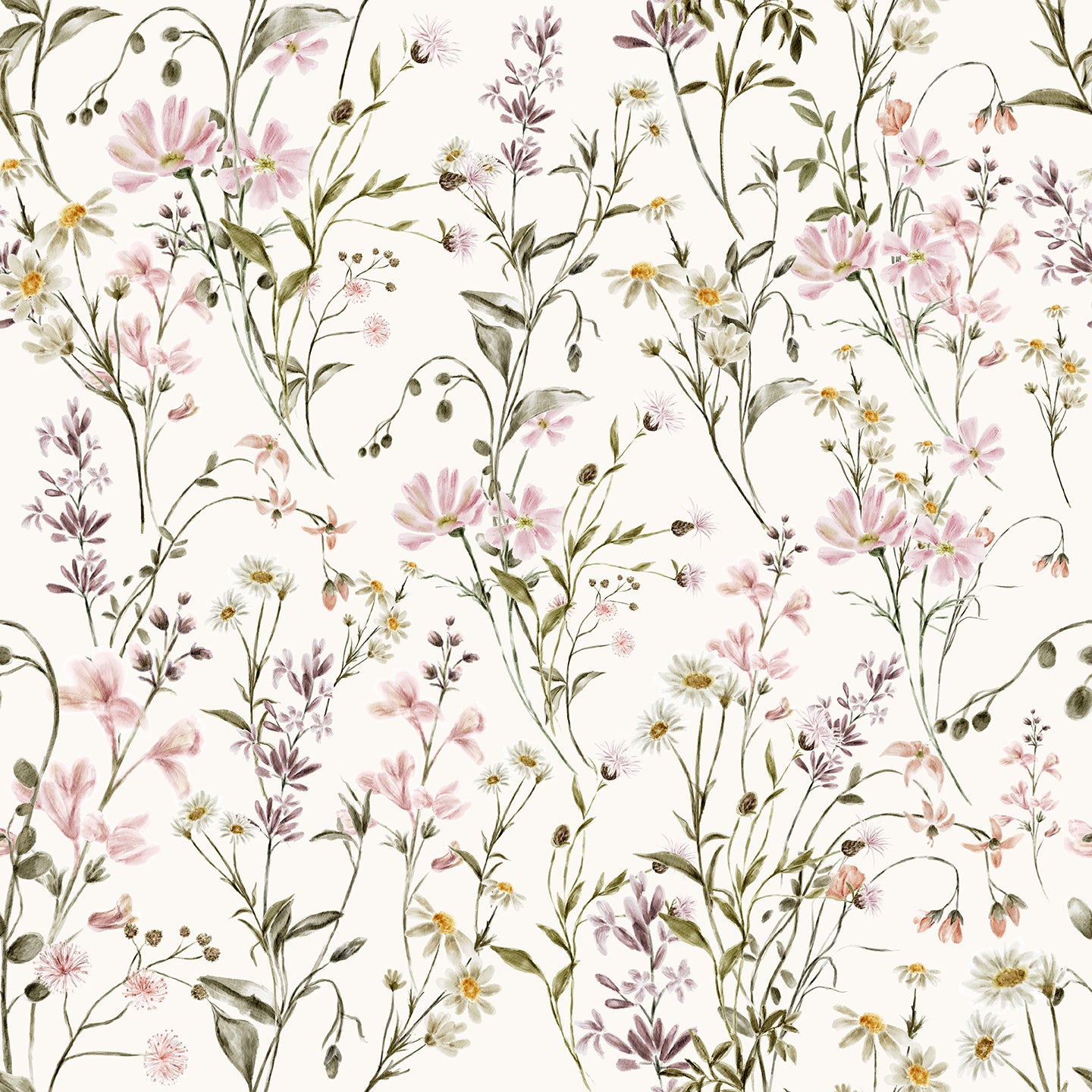 The "WildFloral Wallpaper - 75"" features a lush array of hand-painted wildflowers in soft pinks, purples, and yellows with verdant green foliage. The background is a pale, neutral tone that enhances the vibrant, watercolor aesthetic of the florals.