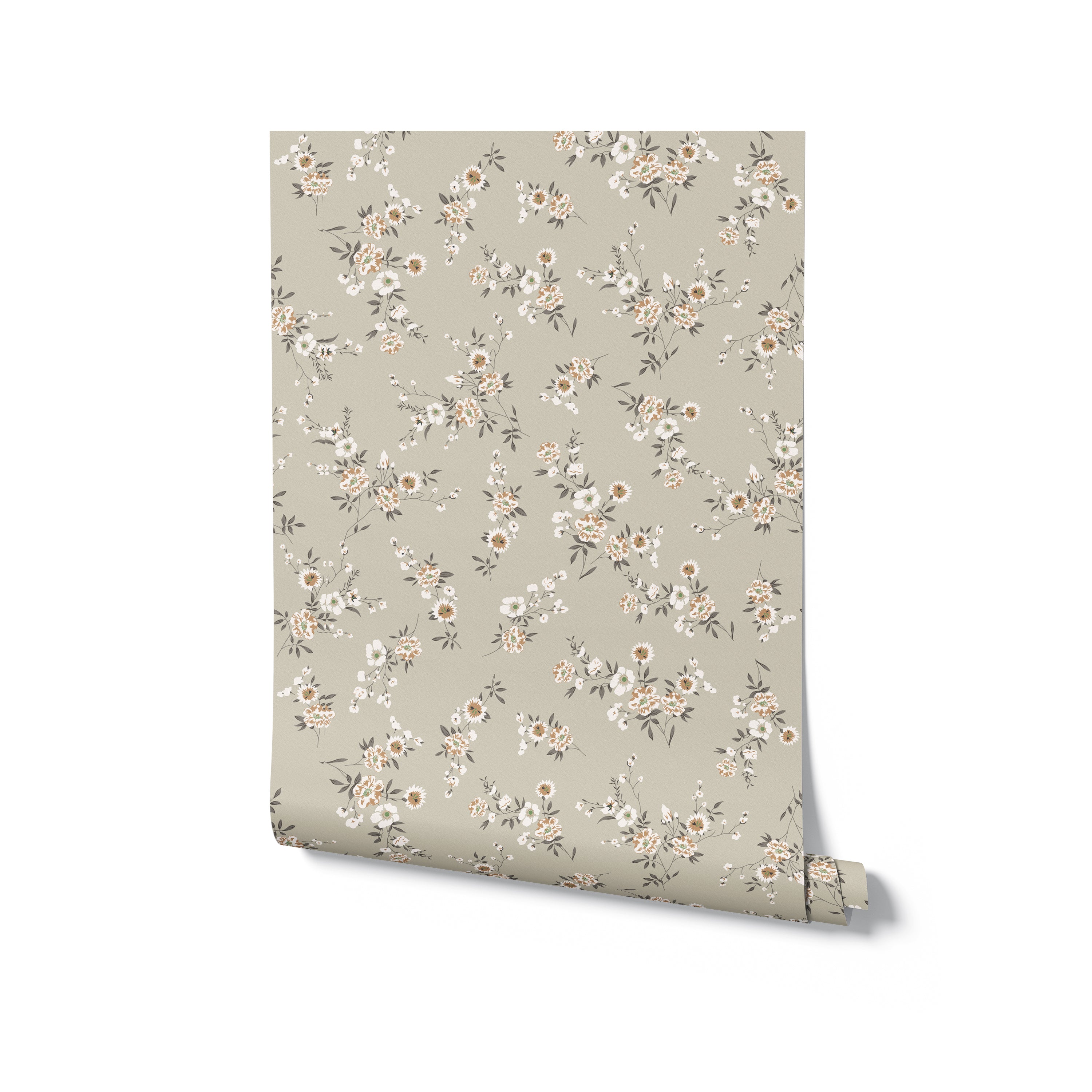The Classic Floral Wallpaper pattern is showcased in a seamless design. The wallpaper features a tasteful array of flowers in white and tan over an olive green background, conveying a traditional yet fresh aesthetic that's perfect for adding character to any room.