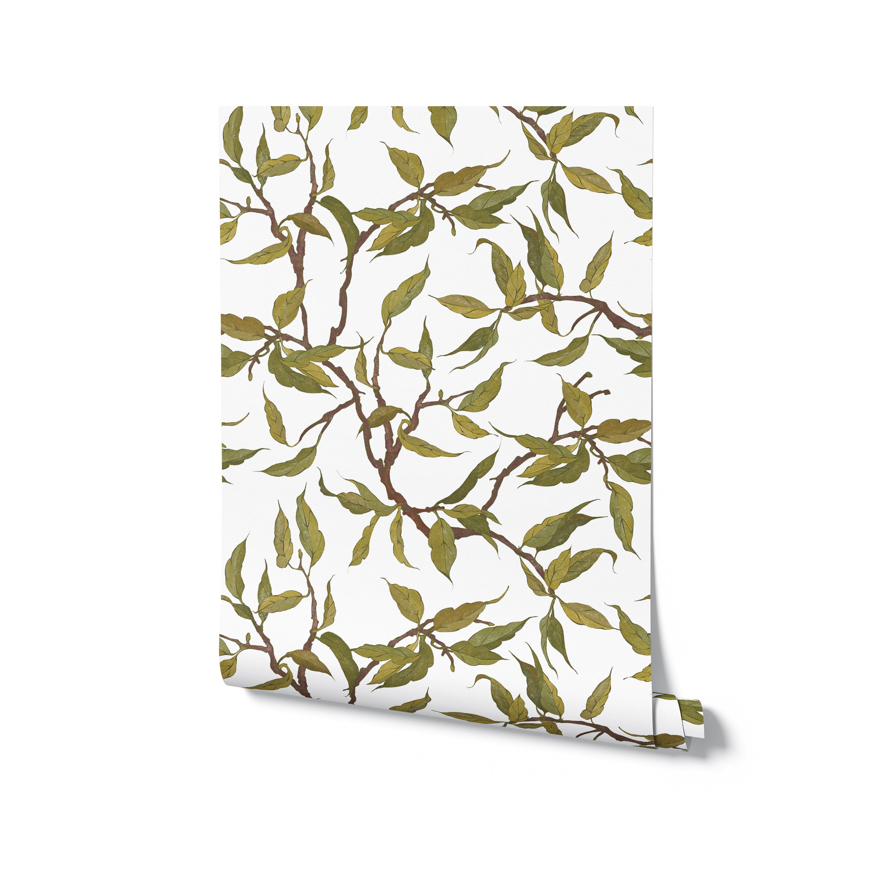 A roll of Vintage Branches Wallpaper displayed upright, highlighting its beautiful green leaves and brown branches on a white background. This wallpaper is ideal for adding a natural and sophisticated touch to any interior decor.