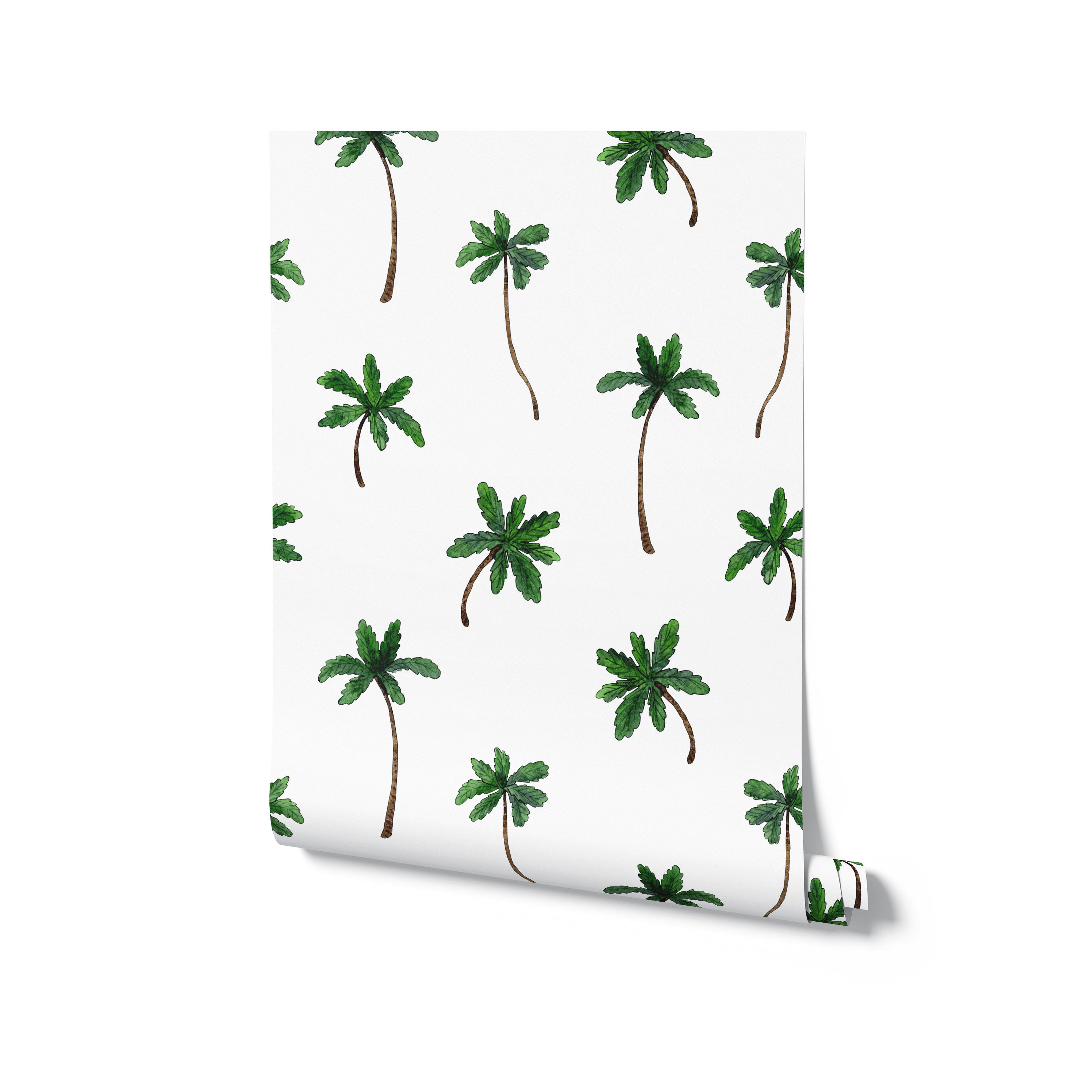 A rolled panel of the Island Breeze Wallpaper displaying the repeating pattern of green palm trees, perfect for adding a tropical vibe to any room.