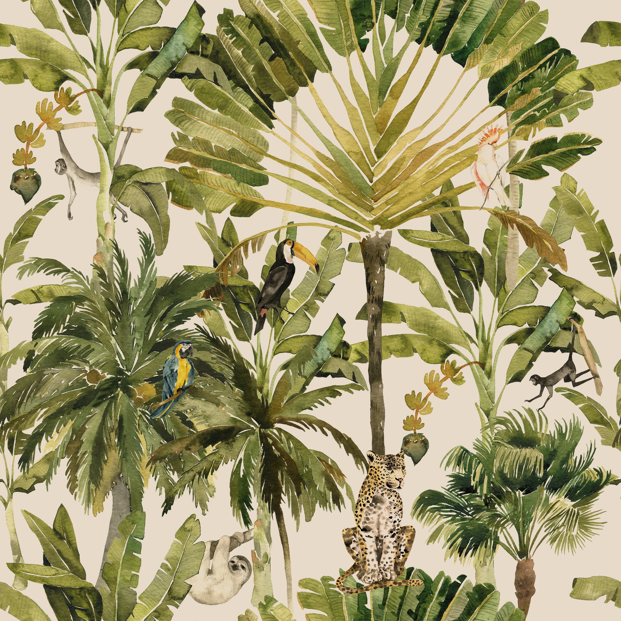 A vibrant, watercolor-style wallpaper featuring a lush tropical scene with various palm tree species and large fan-like leaves. Various animals, including a cheetah, parrots, and a toucan, are intricately depicted among the foliage. The color palette includes shades of green, gold, and accents of blues and oranges, enhancing the exotic feel.