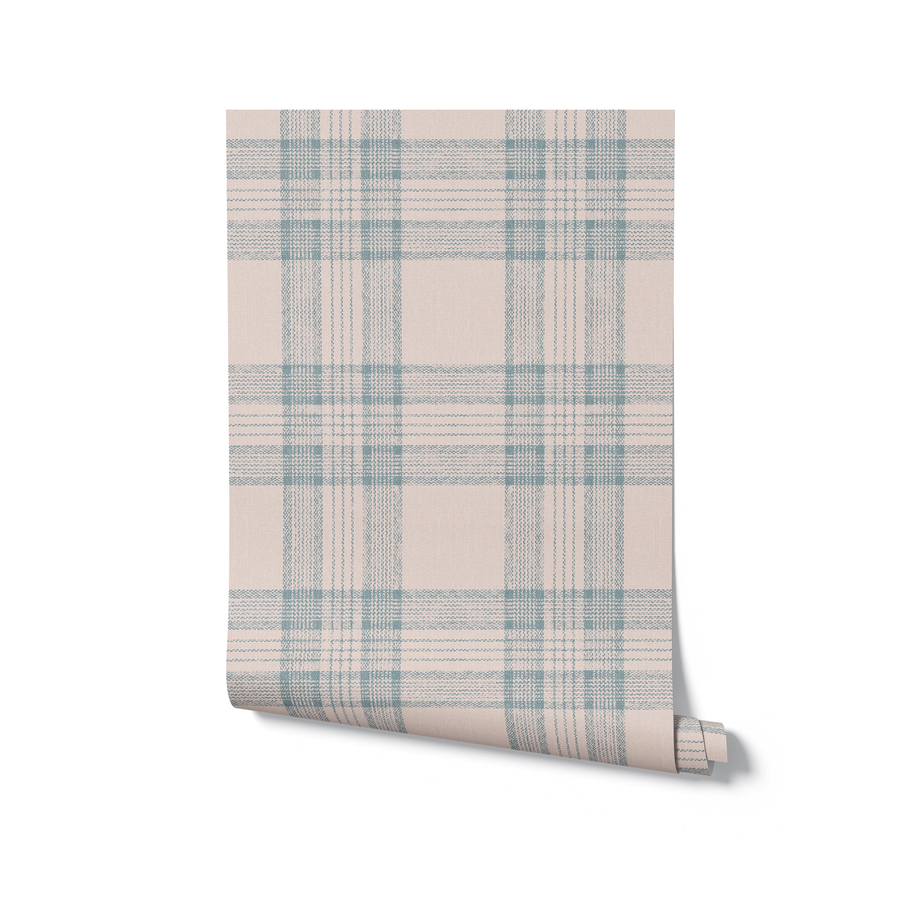 An image of a single roll of 'Plaid Wallpaper - Tartan Sand and Sky' unfurling slightly at the corner, revealing the pattern's detail. The wallpaper combines woven textures with lines of beige and light blue over a neutral cream background, perfect for adding a touch of classic elegance with a modern twist to interiors.