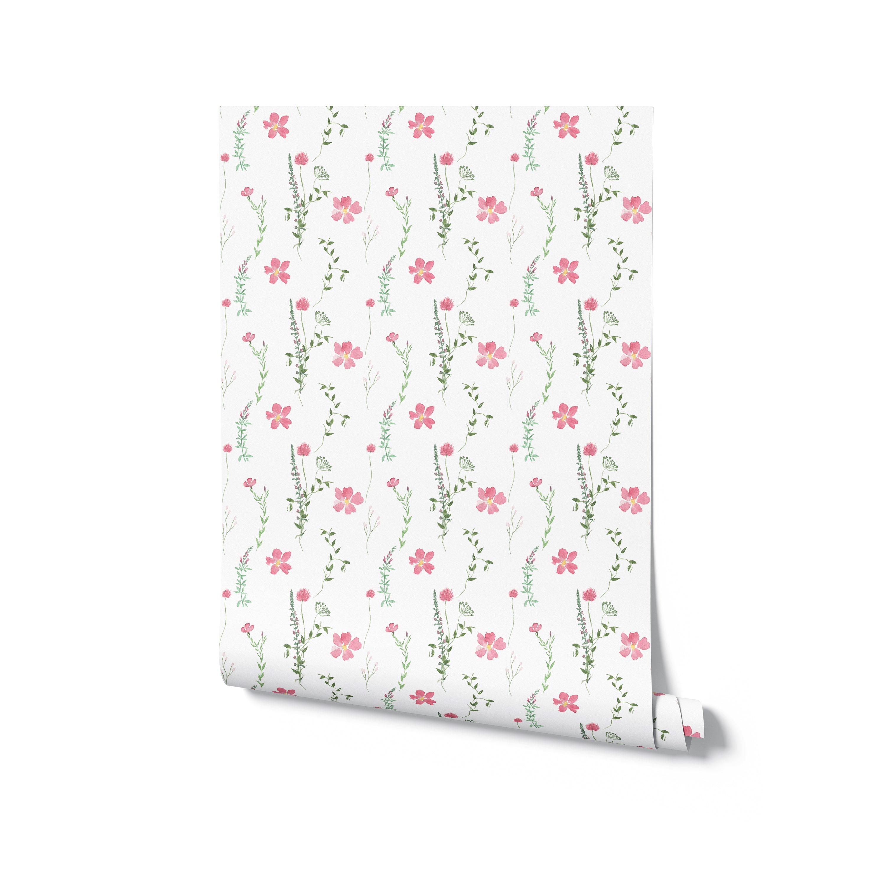 A roll of Spring Serenity Wallpaper showing its continuous pattern of pink flowers and green leaves on a white background, perfect for adding a touch of spring to any room.