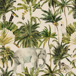 A vibrant tropical wallpaper featuring an elephant amidst a lush landscape of palm trees, broadleaf plants, and exotic birds. The scene is painted in naturalistic green and earth tones, creating a lively and immersive jungle atmosphere