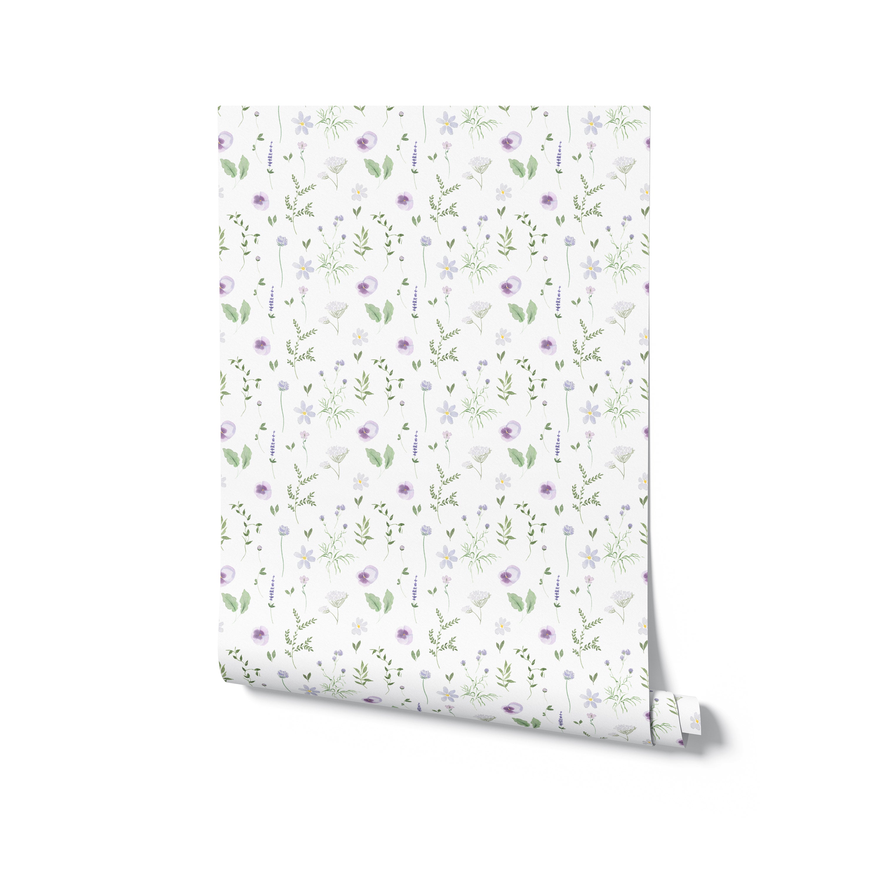 A roll of Wildflower Wonder Wallpaper displaying its continuous pattern of purple and yellow wildflowers and green leaves on a white background, perfect for adding a touch of nature to any room.