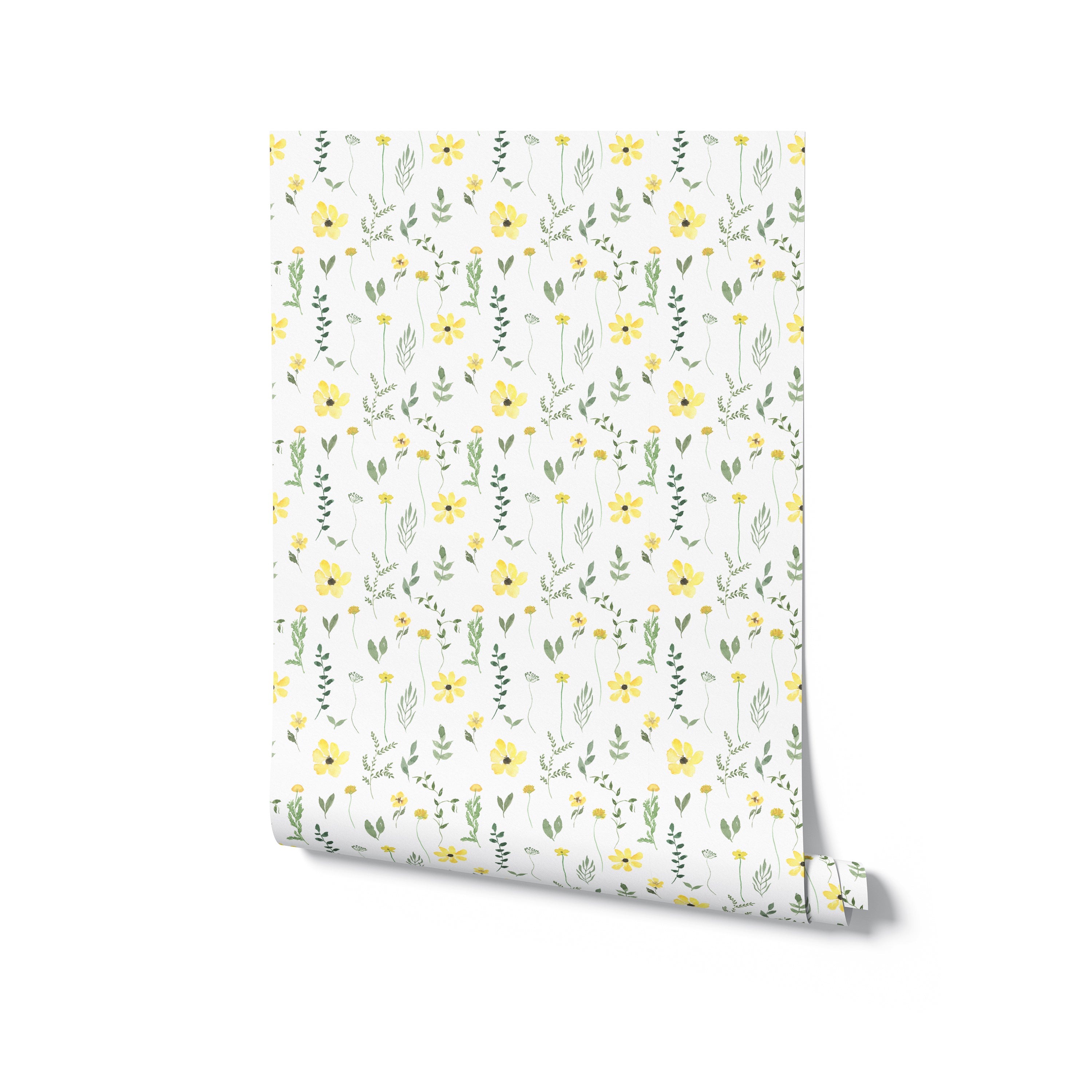 A roll of Spring Field Wallpaper - V displaying its continuous pattern of yellow flowers and green leaves on a white background, perfect for adding a touch of spring to any room