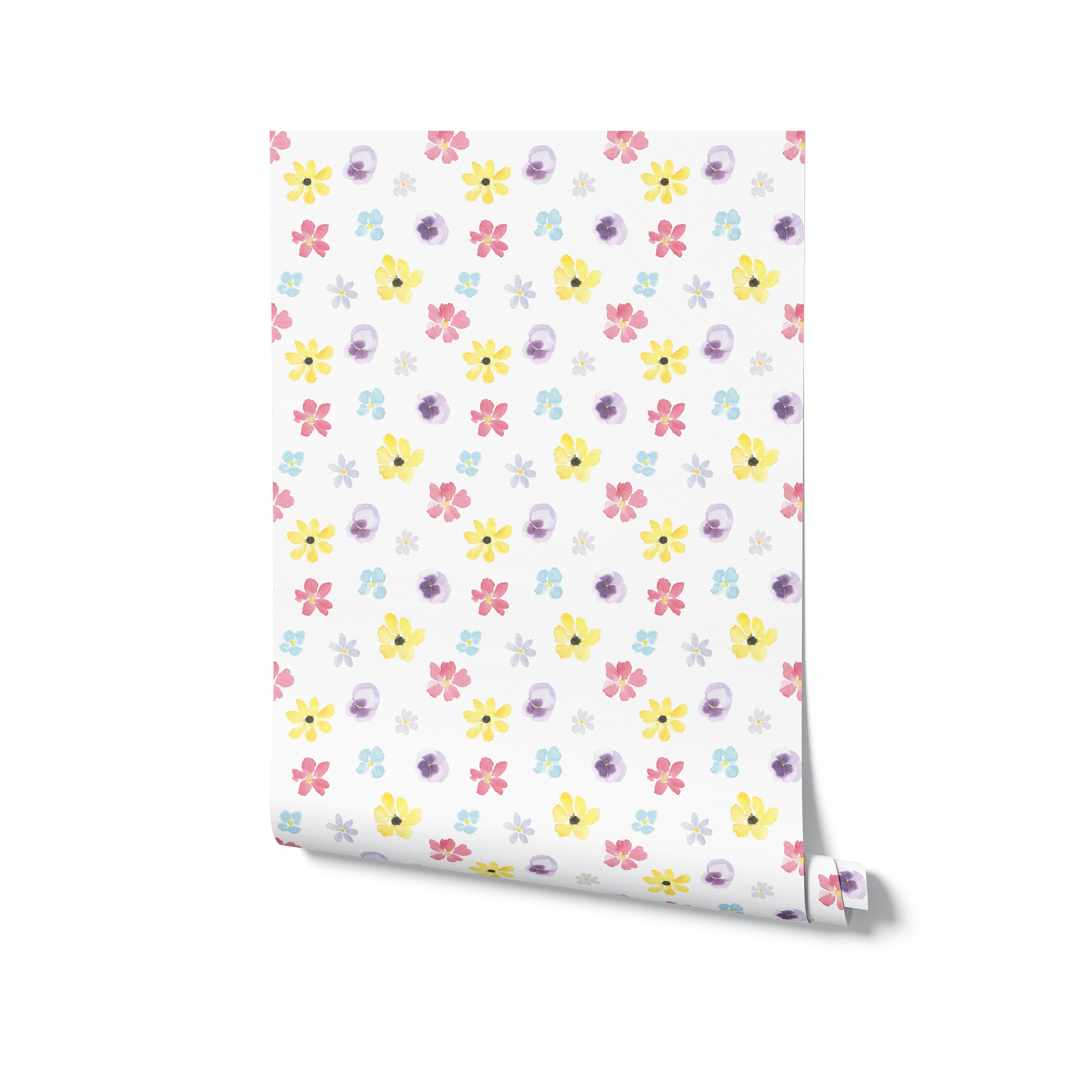 A roll of Spring Field Wallpaper - VI displaying its continuous pattern of colorful watercolor flowers in yellow, pink, purple, and blue on a white background, perfect for adding a burst of color to any room.