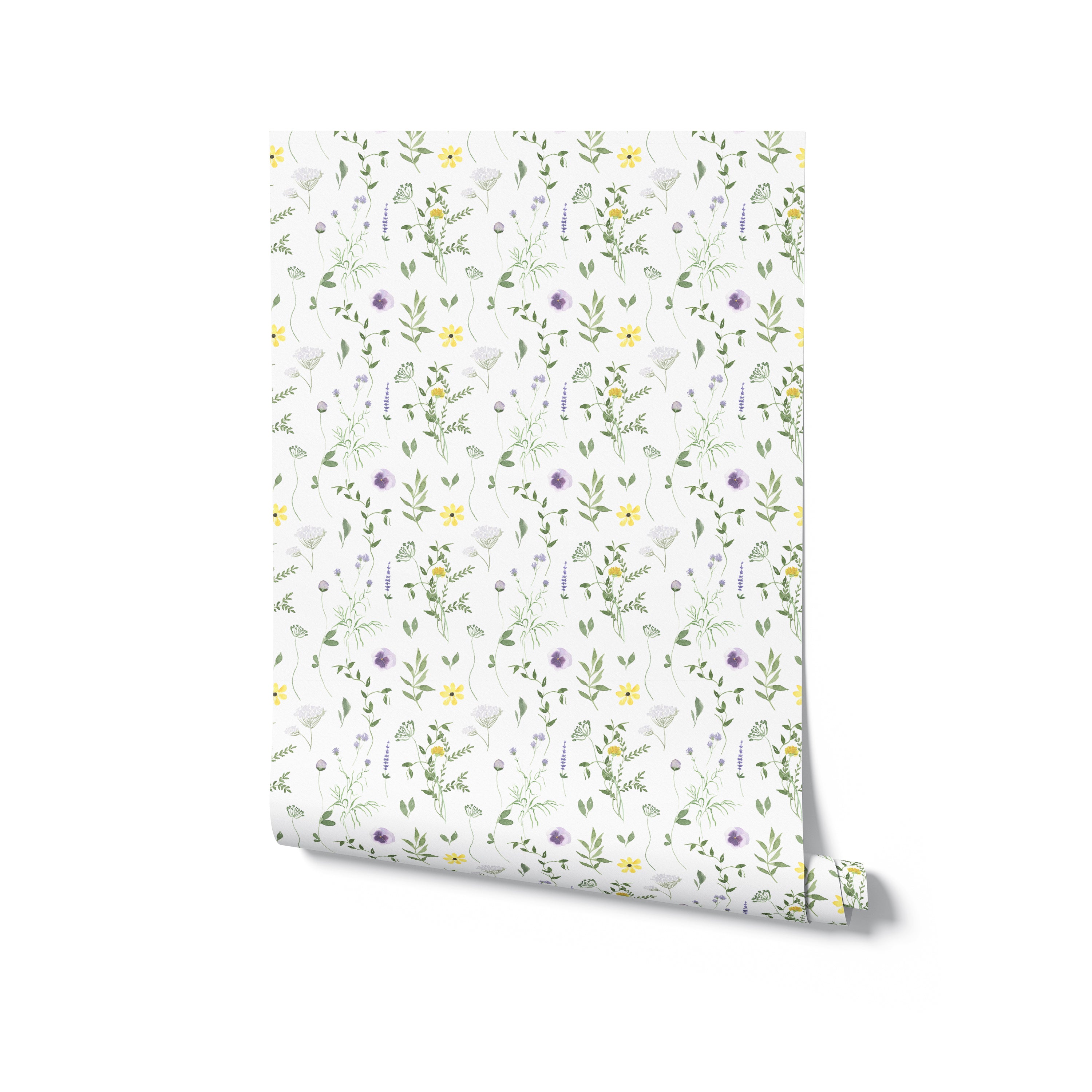 A roll of Spring Field Wallpaper - VII displaying its continuous pattern of purple and yellow flowers with green leaves on a white background, perfect for adding a touch of spring to any room.