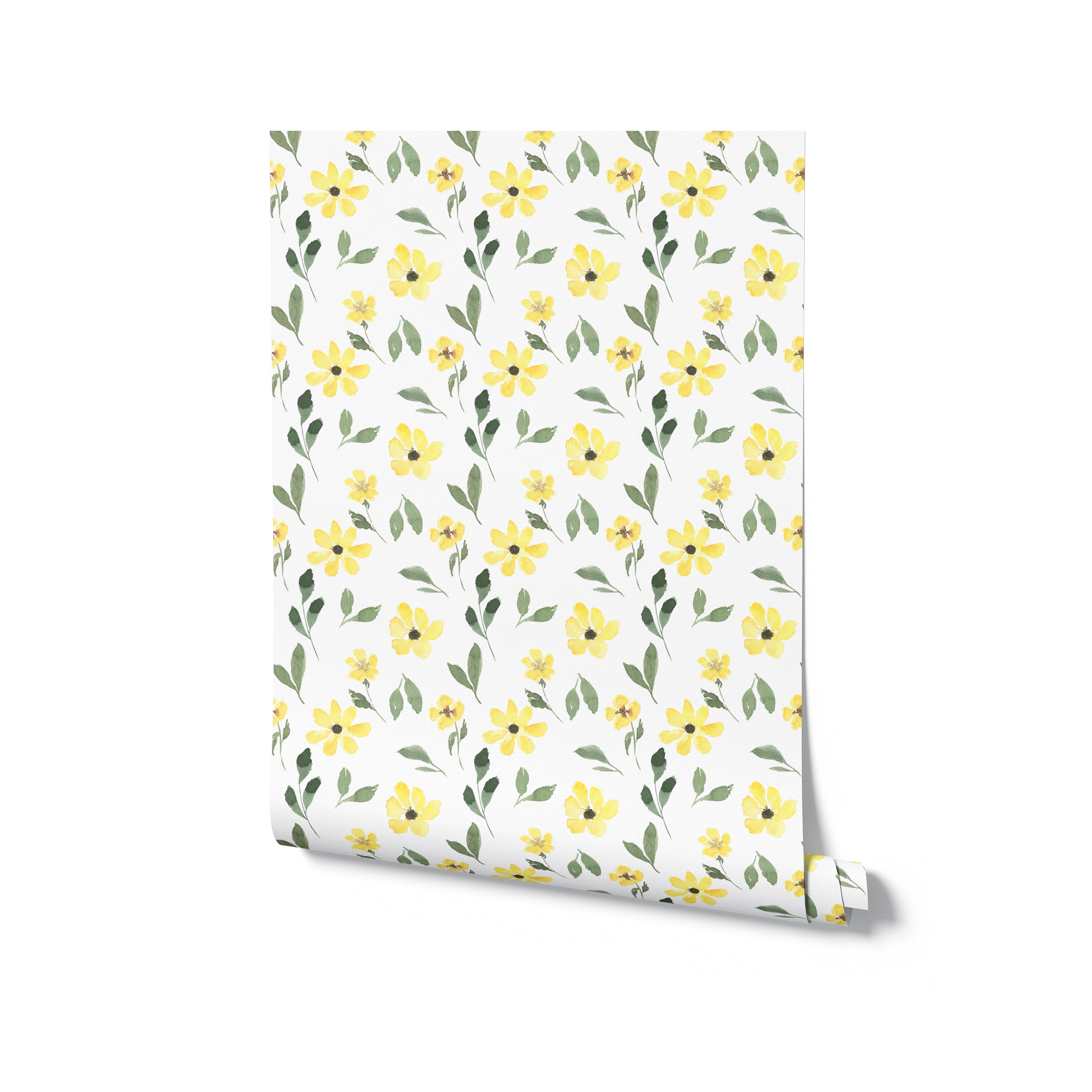 Roll of Yellow Spring Wallpaper featuring a watercolor pattern of yellow flowers and green leaves on a white background.