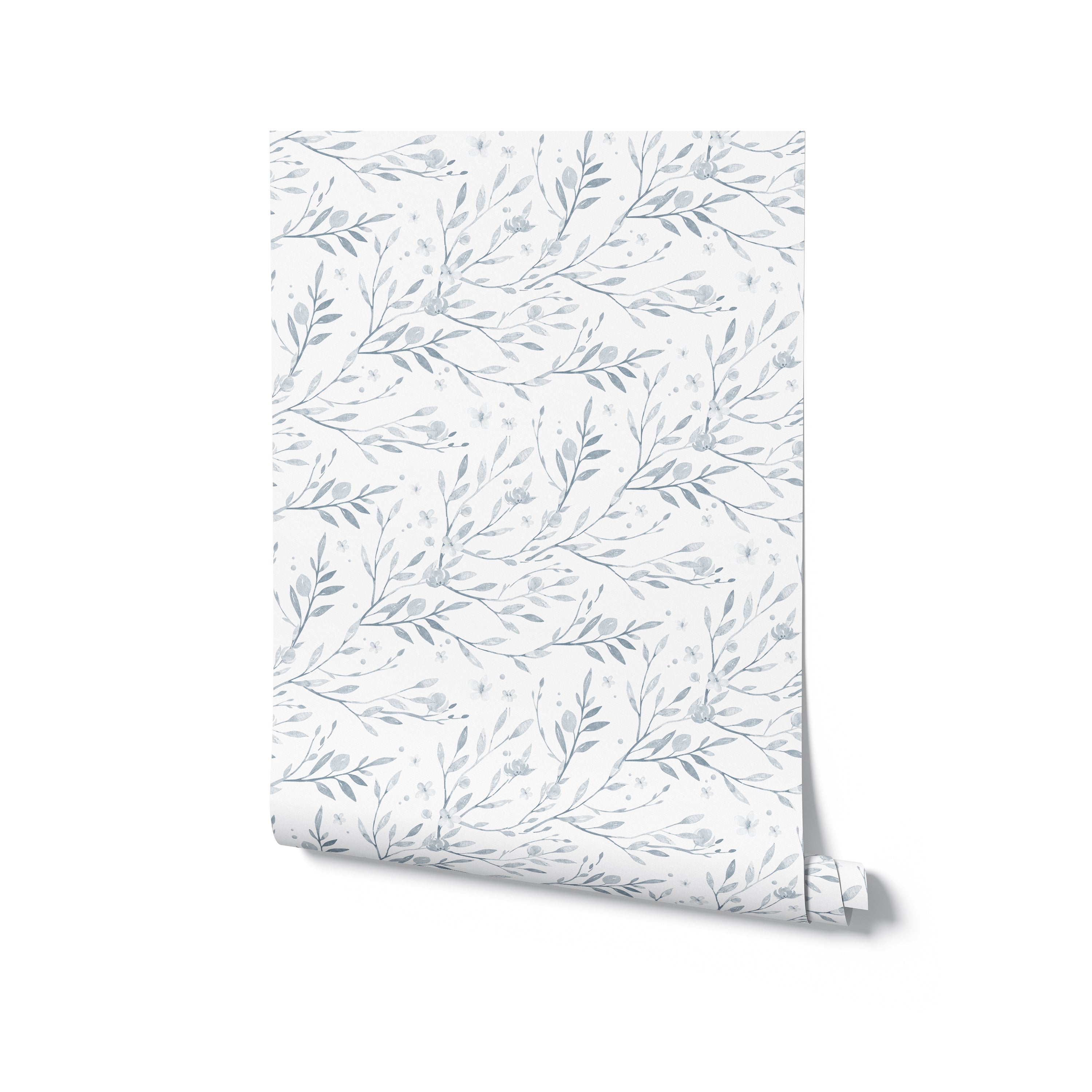 a roll of the Watercolor Spring Bird Wallpaper - Pale Blue, providing a clear view of how the design extends seamlessly when applied to a wall. The rolled wallpaper hints at the ease of application, while showcasing the continuity of the watercolor pattern, with its array of flora and fauna that would bring a sense of nature’s tranquility into a home.