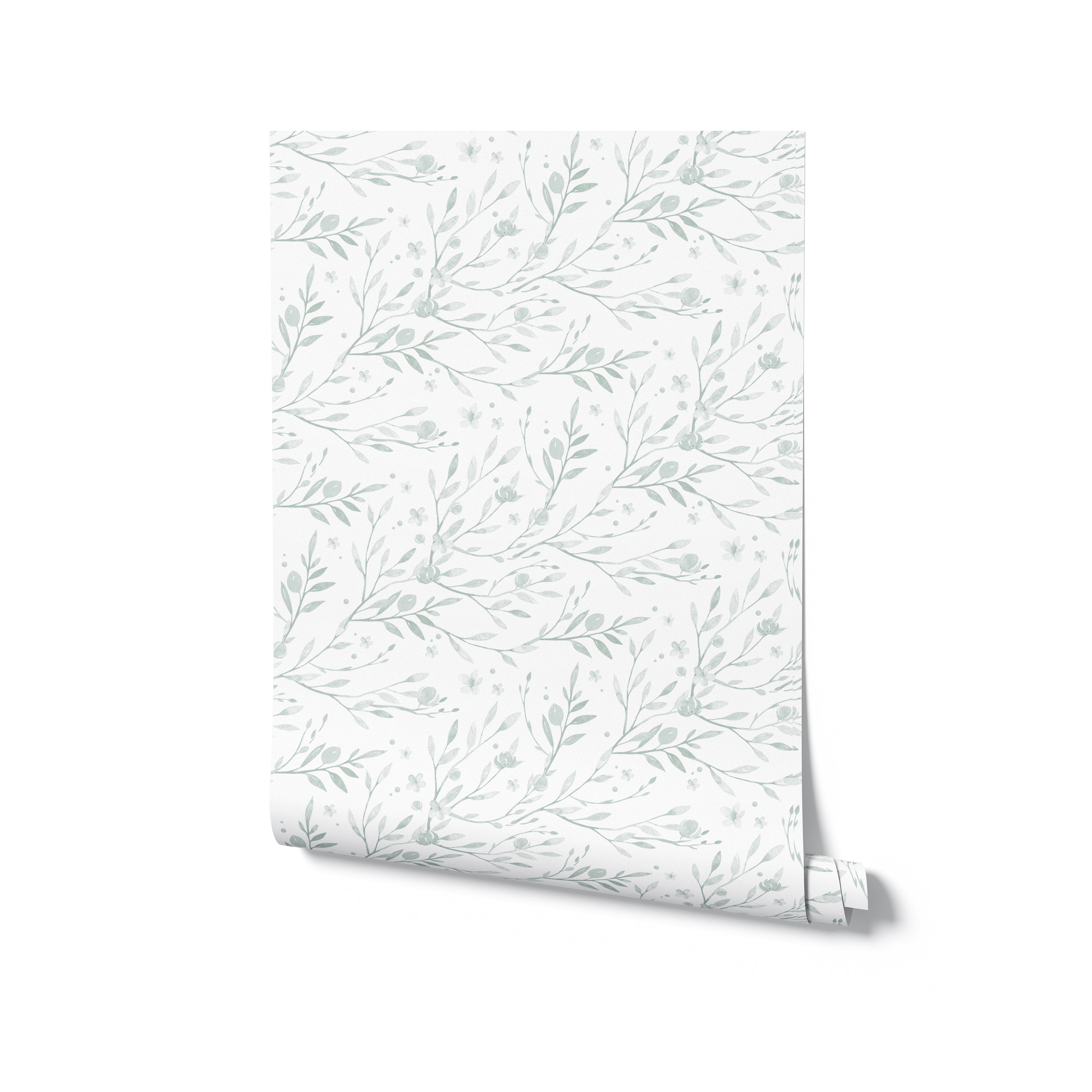 A rolled piece of Watercolor Spring Bird Wallpaper - Seafoam, revealing the subtle, painterly details of the leaves and florals, ready to transform a room with its soothing color and pattern