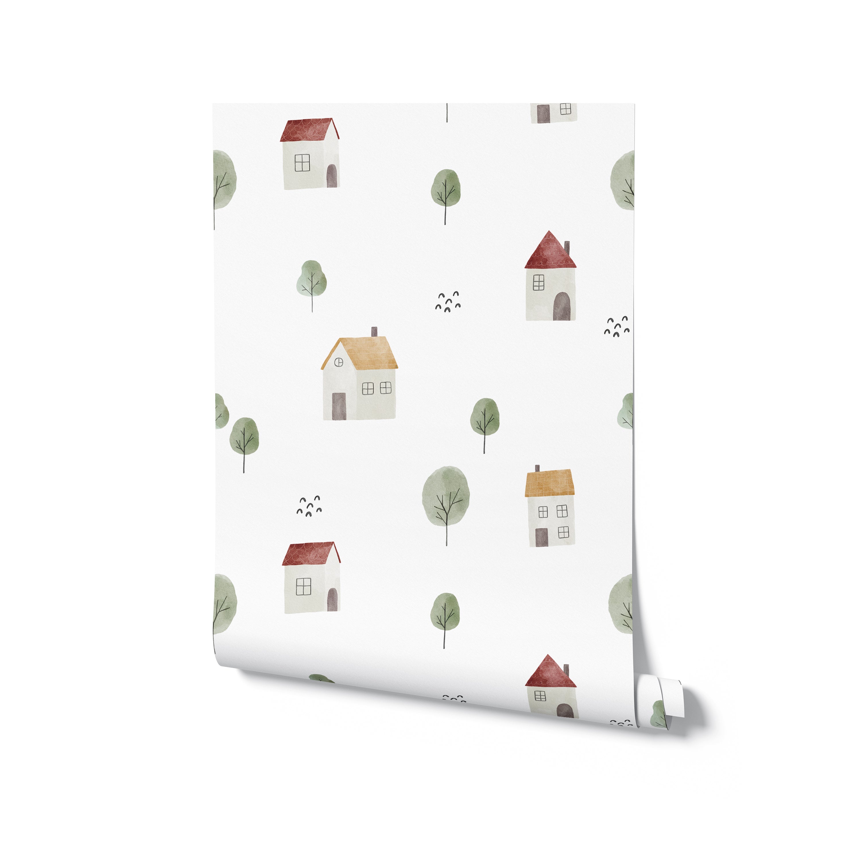 A roll of Farm Friend Wallpaper - Happy House, showing a delightful pattern of houses with red and yellow roofs, green trees, and small birds, perfect for adding a fun and whimsical touch to any room.