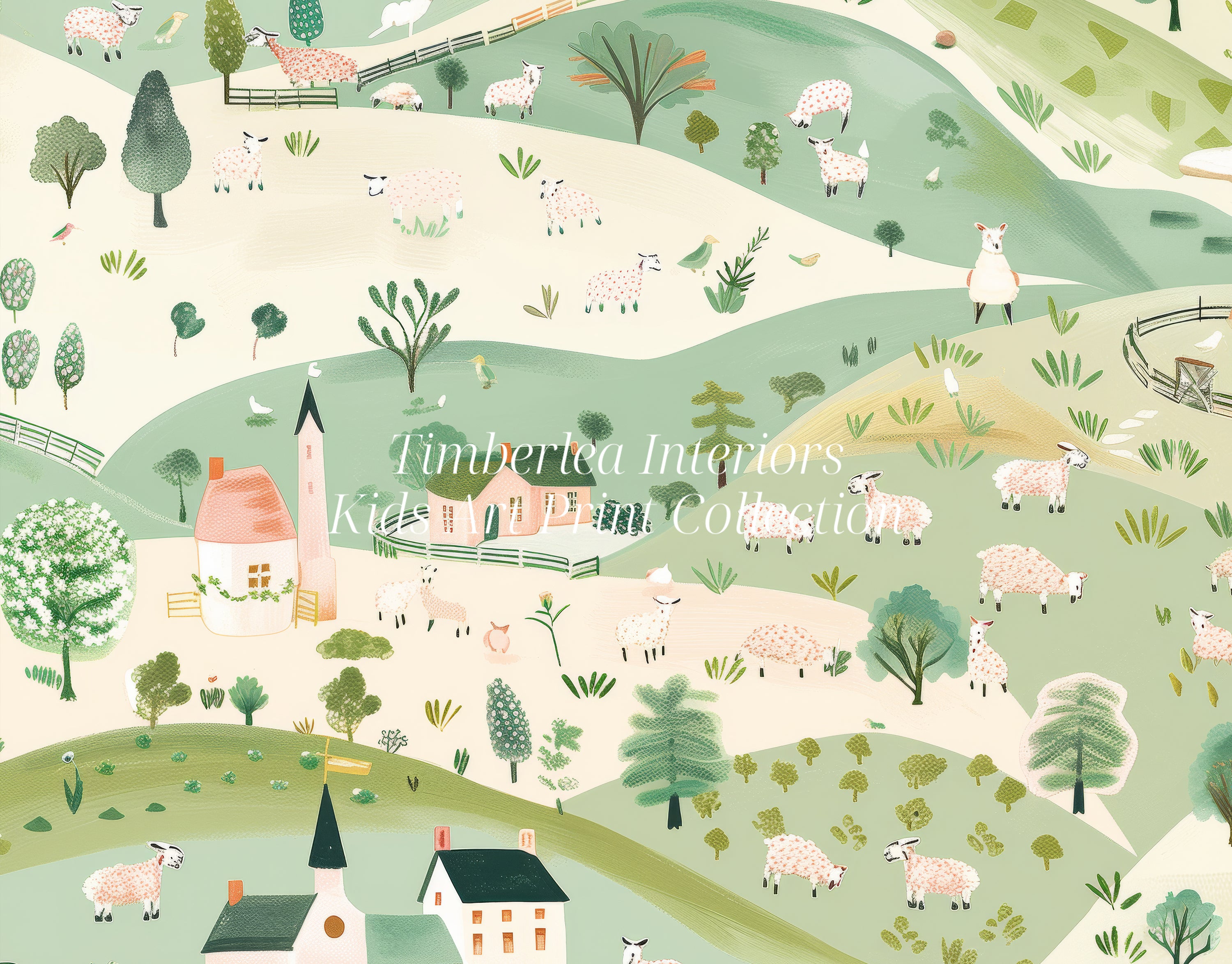 Close-up view of the "Pastoral Playground" art print featuring whimsical sheep, green hills, and charming cottages in a serene countryside setting.