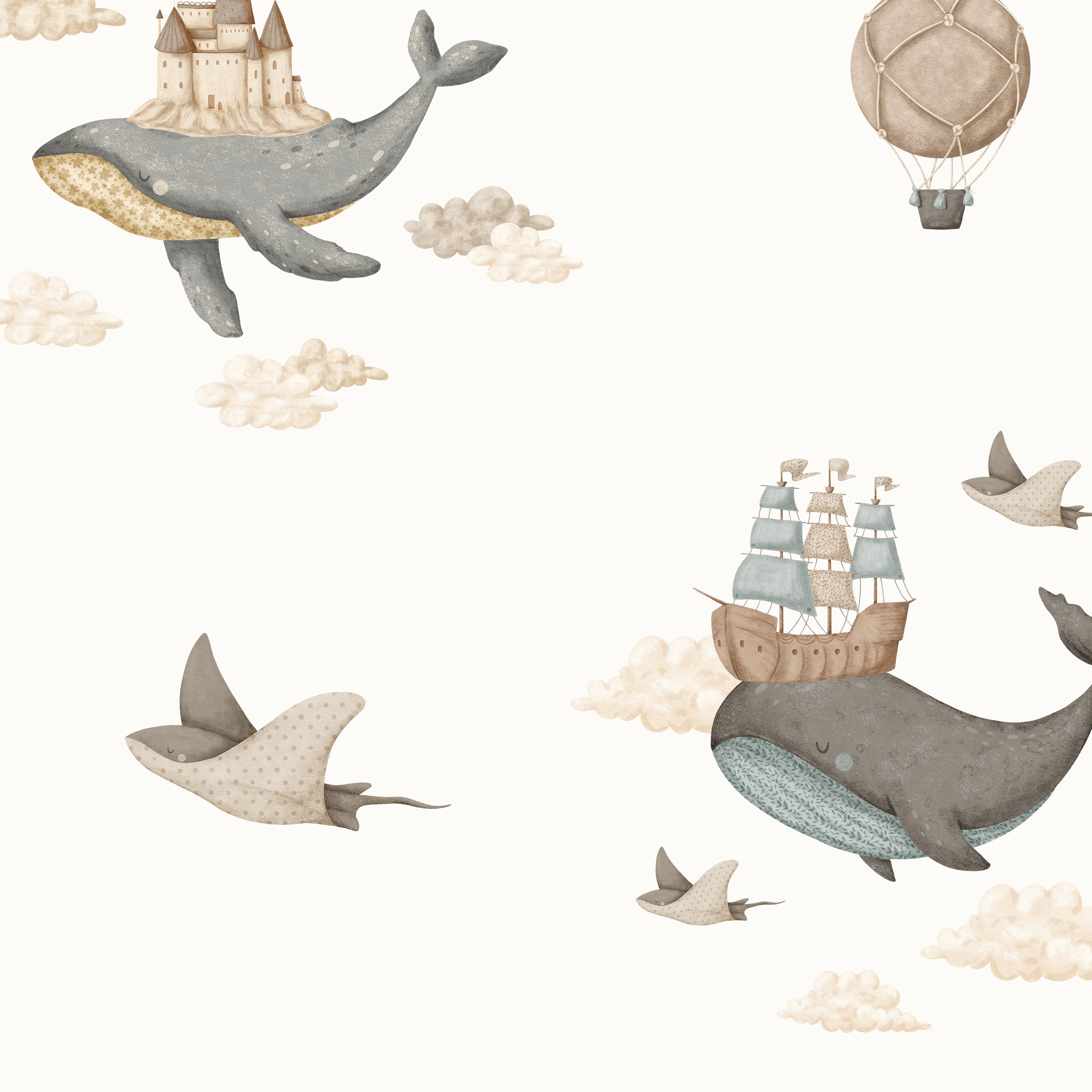 A repeating whimsical pattern on a warm off-white background featuring illustrated whales, ships, hot air balloons, birds, and small clouds in soft gray, beige, and muted blue tones.