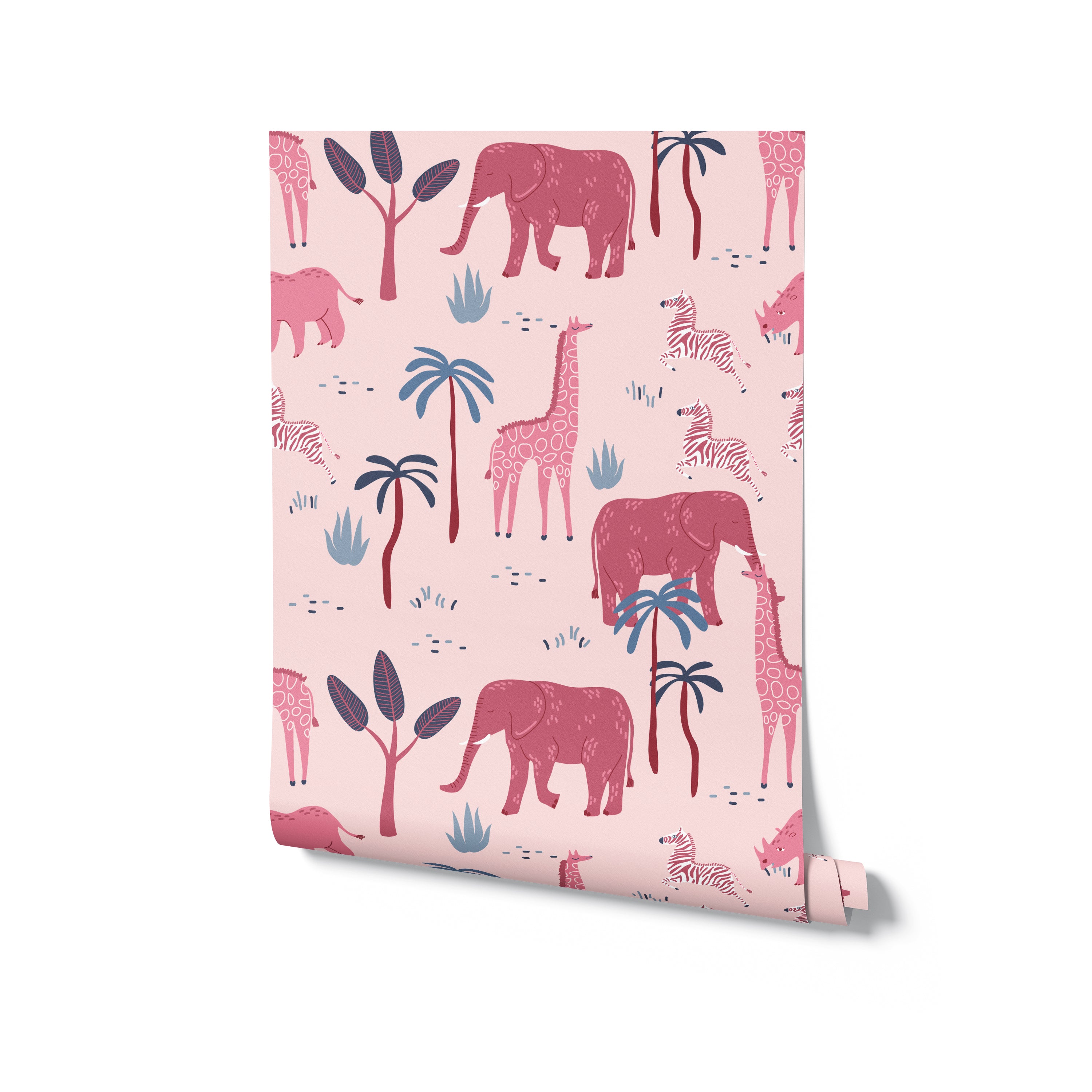 A rolled panel of the pink safari-themed wallpaper showcasing the repeating pattern of elephants, giraffes, and zebras, perfect for adding a playful touch to any room.