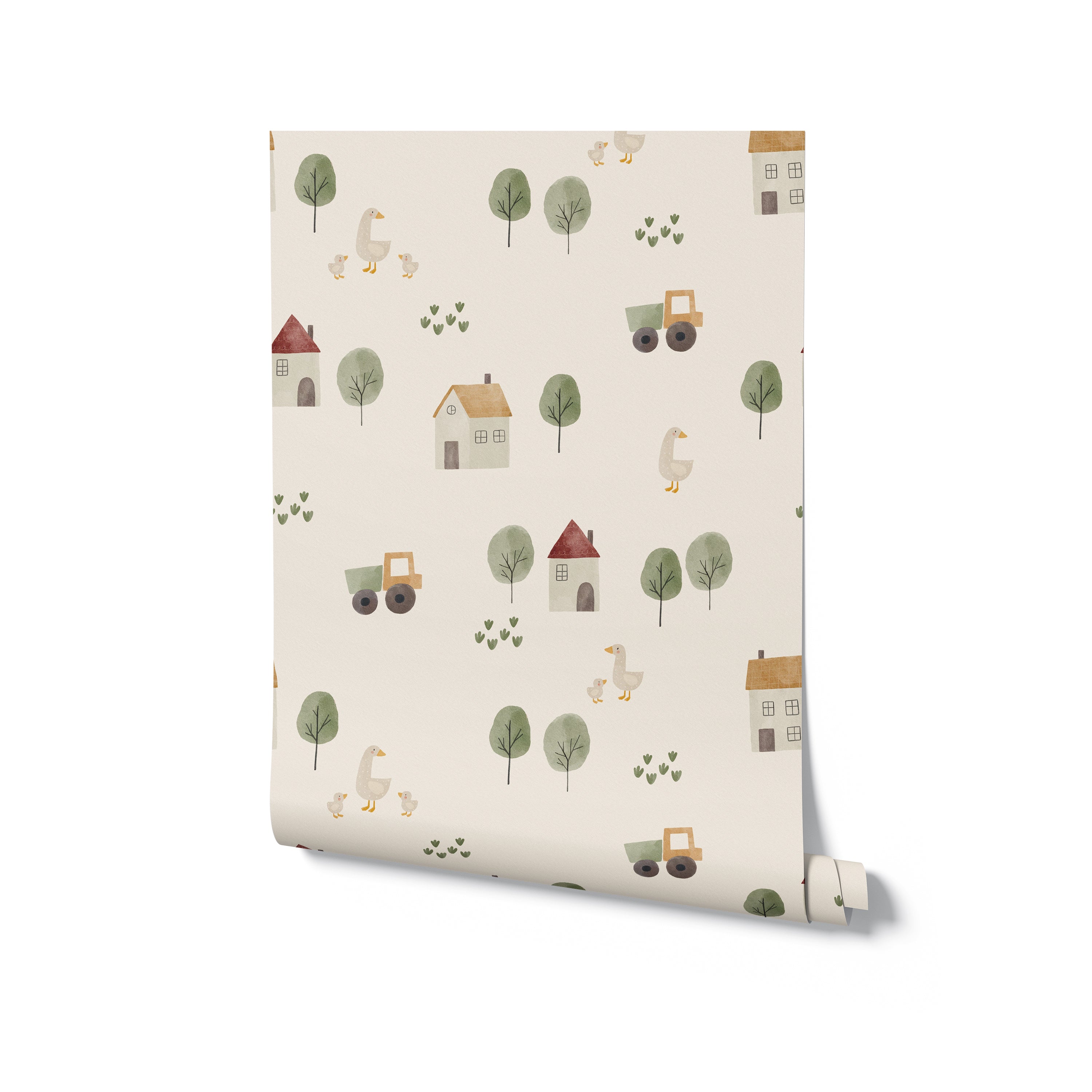 A roll of Farm Friend Wallpaper - Happy Goslings, displaying a delightful pattern of houses, trees, tractors, geese with goslings, and grass on an ecru background, perfect for adding a touch of whimsy to any room.