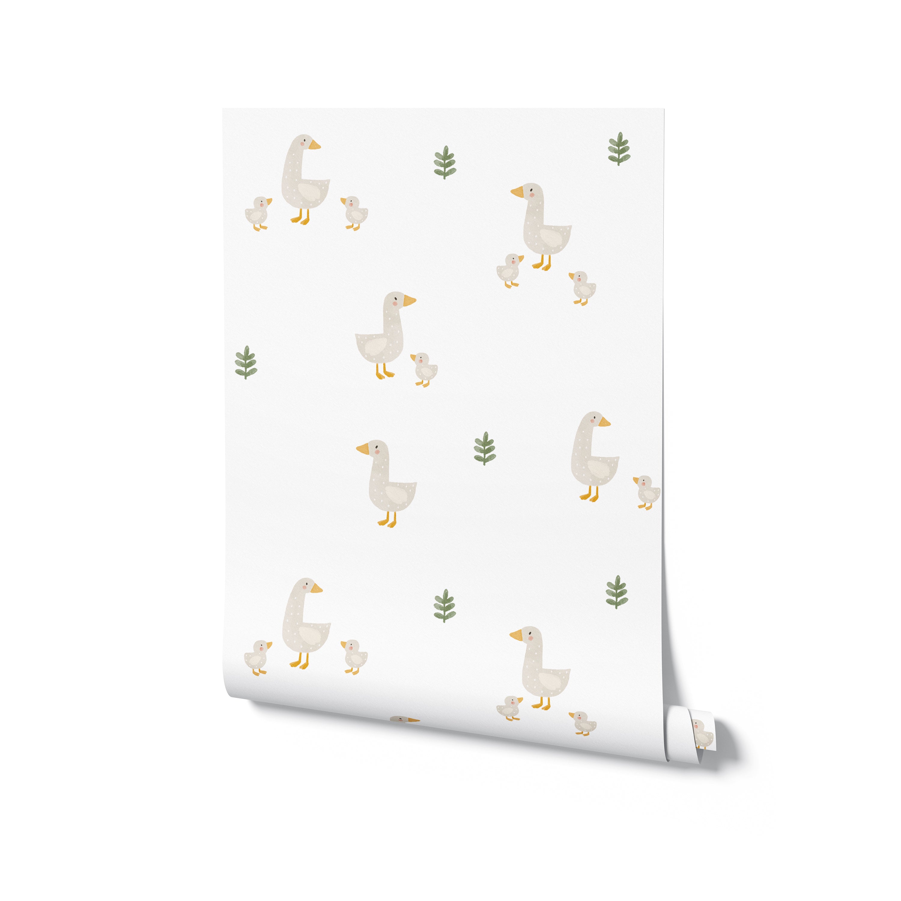 A rolled sample of the Cute Farm Friend Wallpaper, partially unrolled to reveal the friendly duck illustrations and tender green plants against the white background. This wallpaper is perfect for adding a touch of rural charm and lightheartedness to a child’s bedroom or play area.
