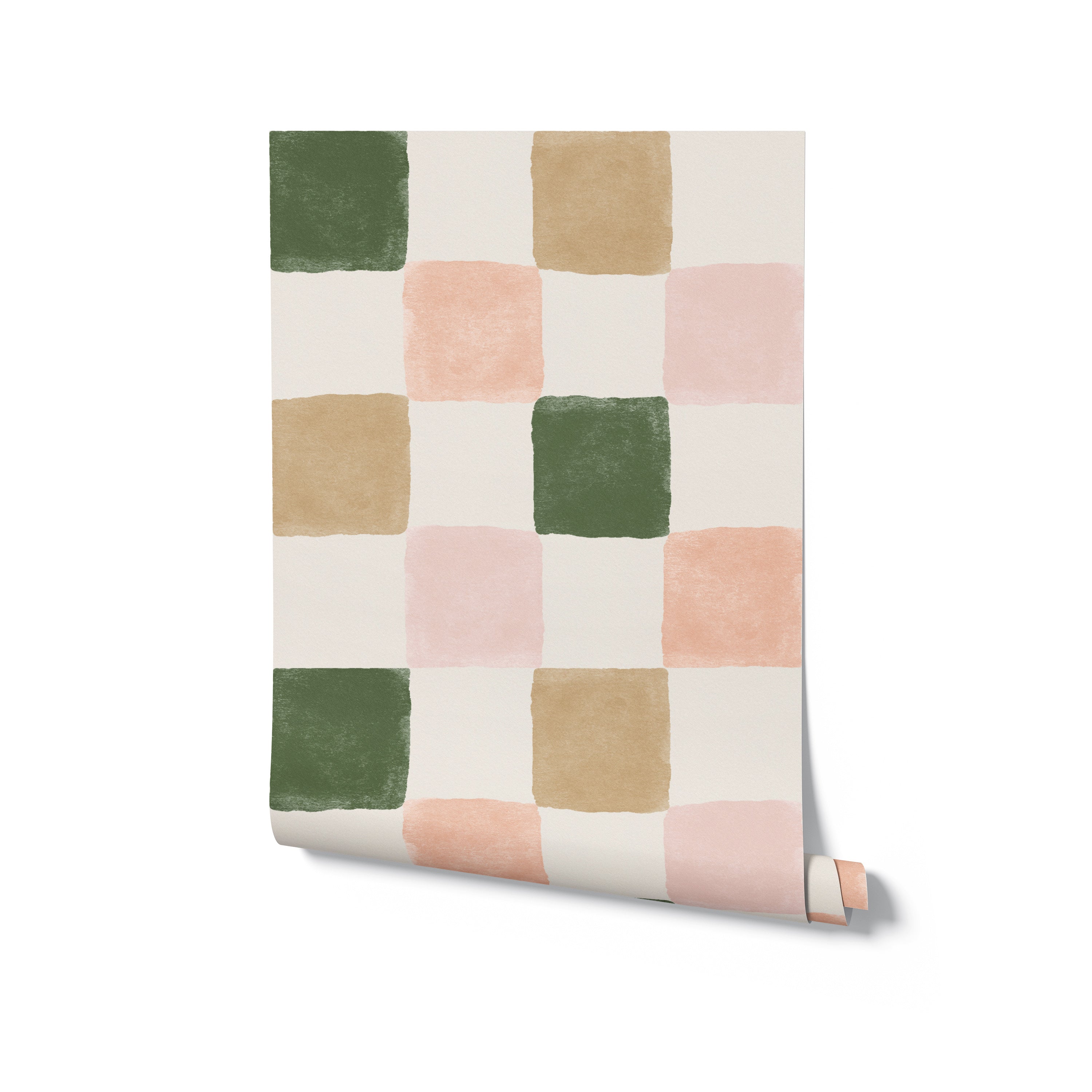 A single roll of Clémence Wallpaper II unrolled to display its charming checkered pattern with textured squares in pink, green, and beige hues on a light background.