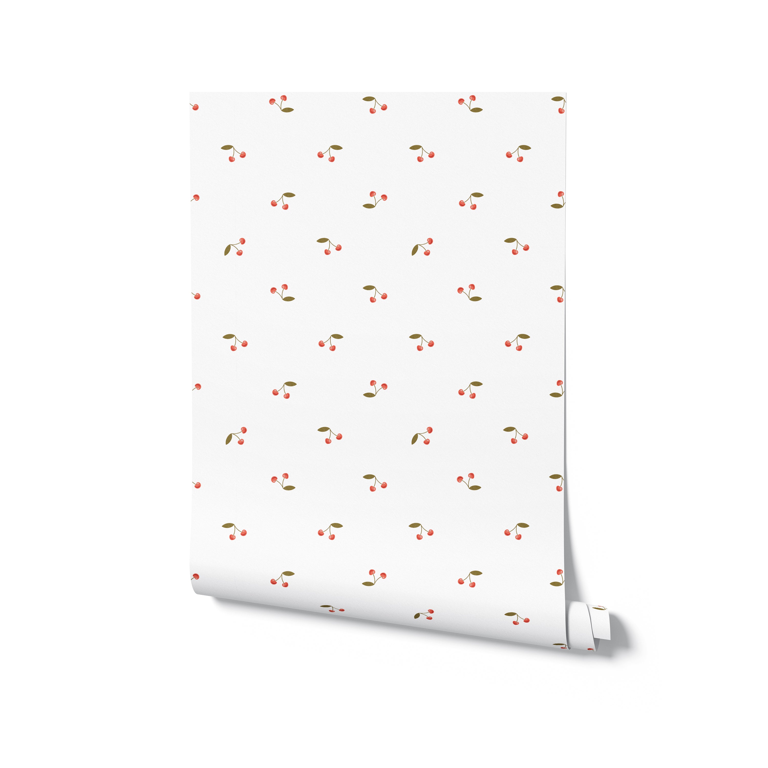 A rolled wallpaper sample showing a minimalist cherry pattern with tiny red cherries and green leaves scattered across a bright white backdrop, ideal for adding a subtle touch of nature to any room.