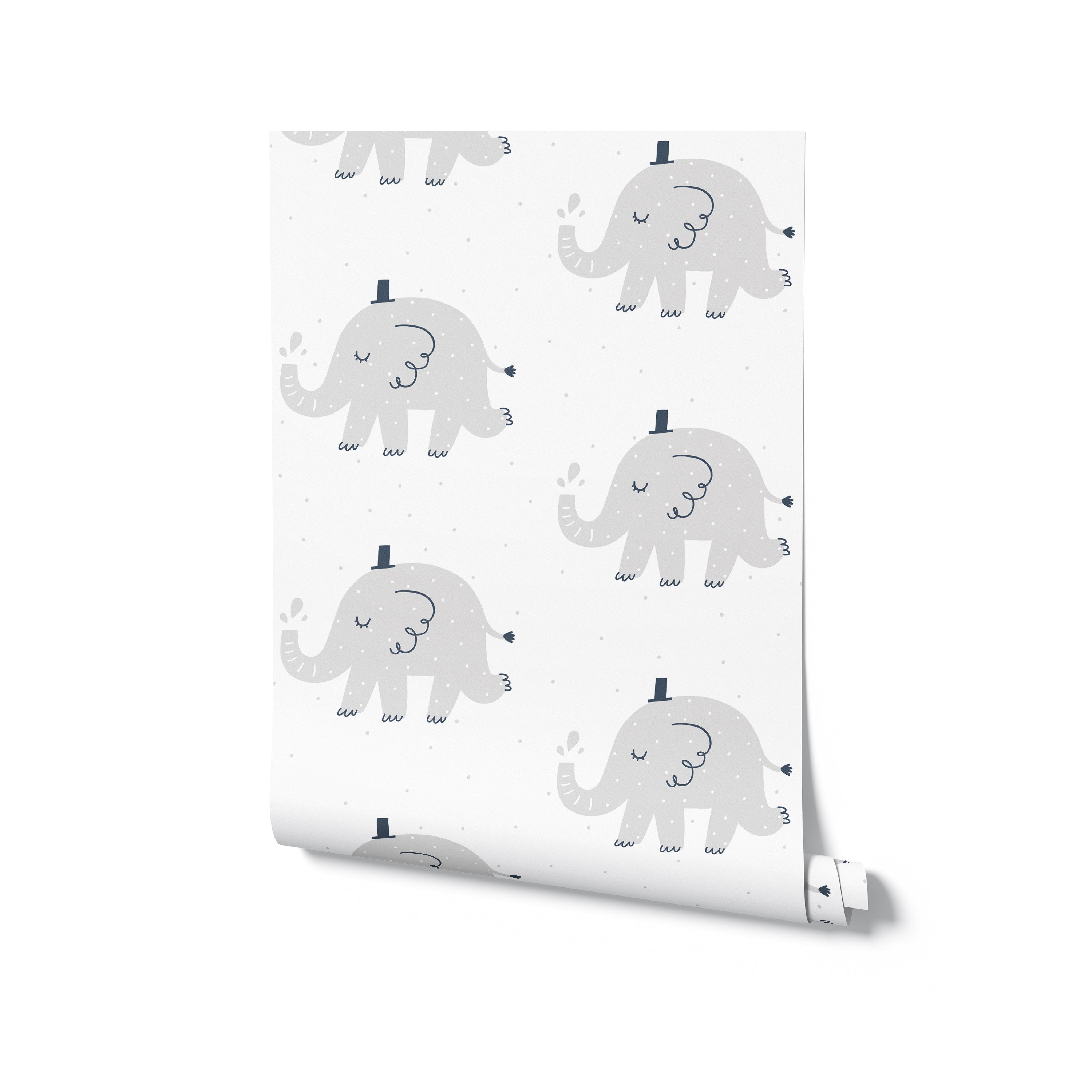 Rolled sample of Elephant Party Wallpaper showing a repeating pattern of adorable gray elephants with top hats and playful gestures, set against a white background with scattered dots, perfect for adding a whimsical touch to any child’s space.