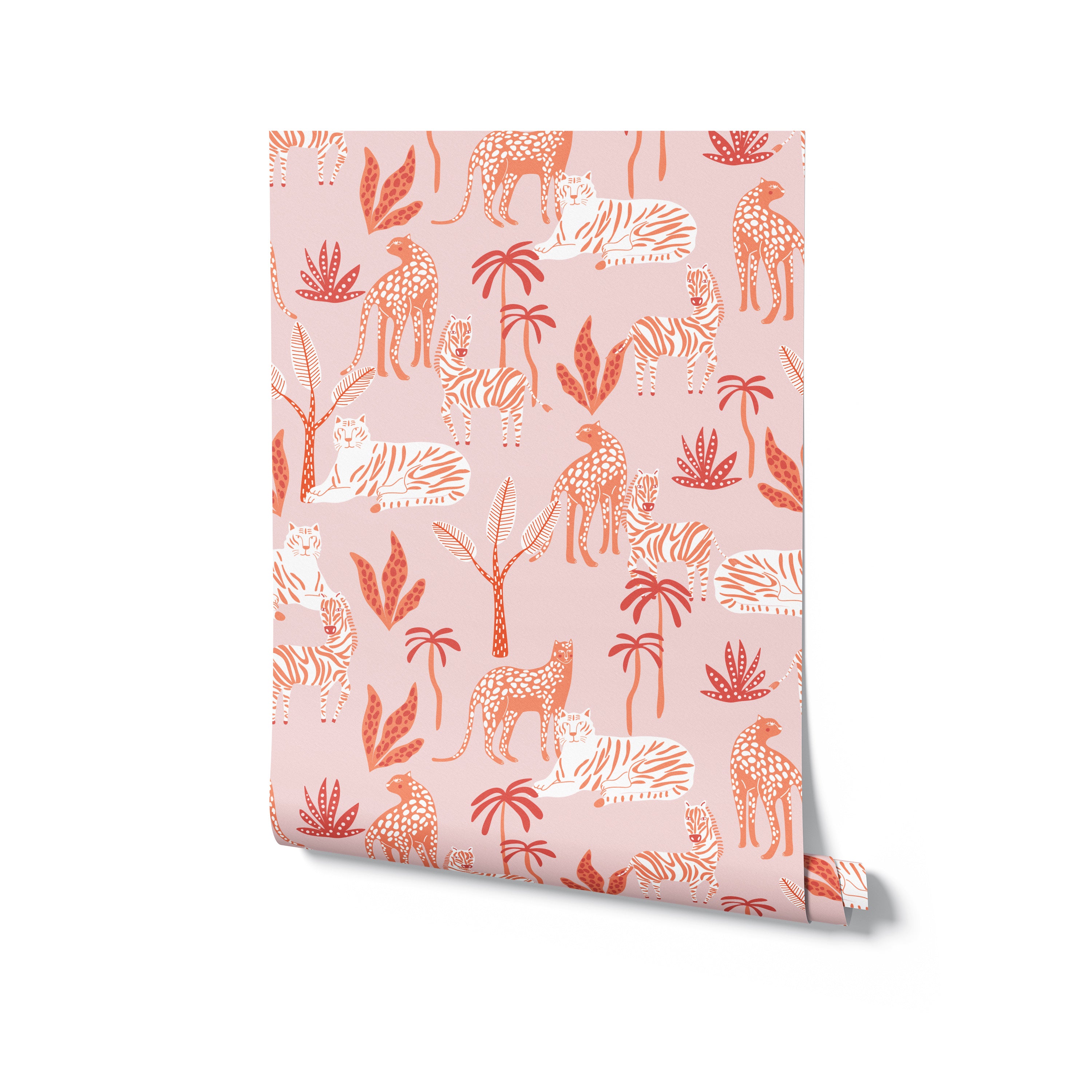 A single roll of Sunset Safari wallpaper unrolled to display its lively pattern of safari animals and tropical plants in orange, coral, and white on a pink background.