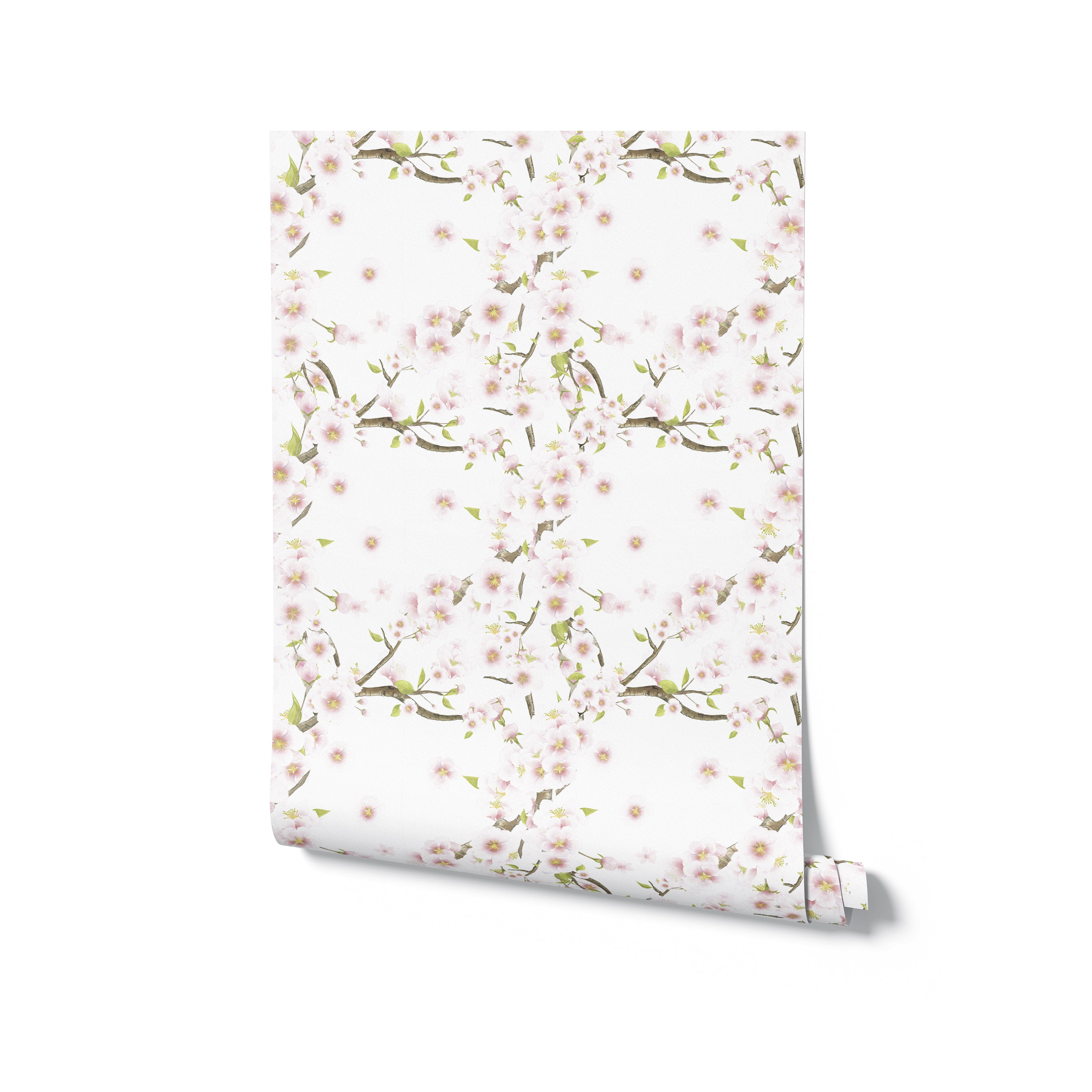 Sakura Wallpaper roll displaying a seamless pattern of pink cherry blossoms and green leaves on a white background, perfect for adding a touch of nature to any room
