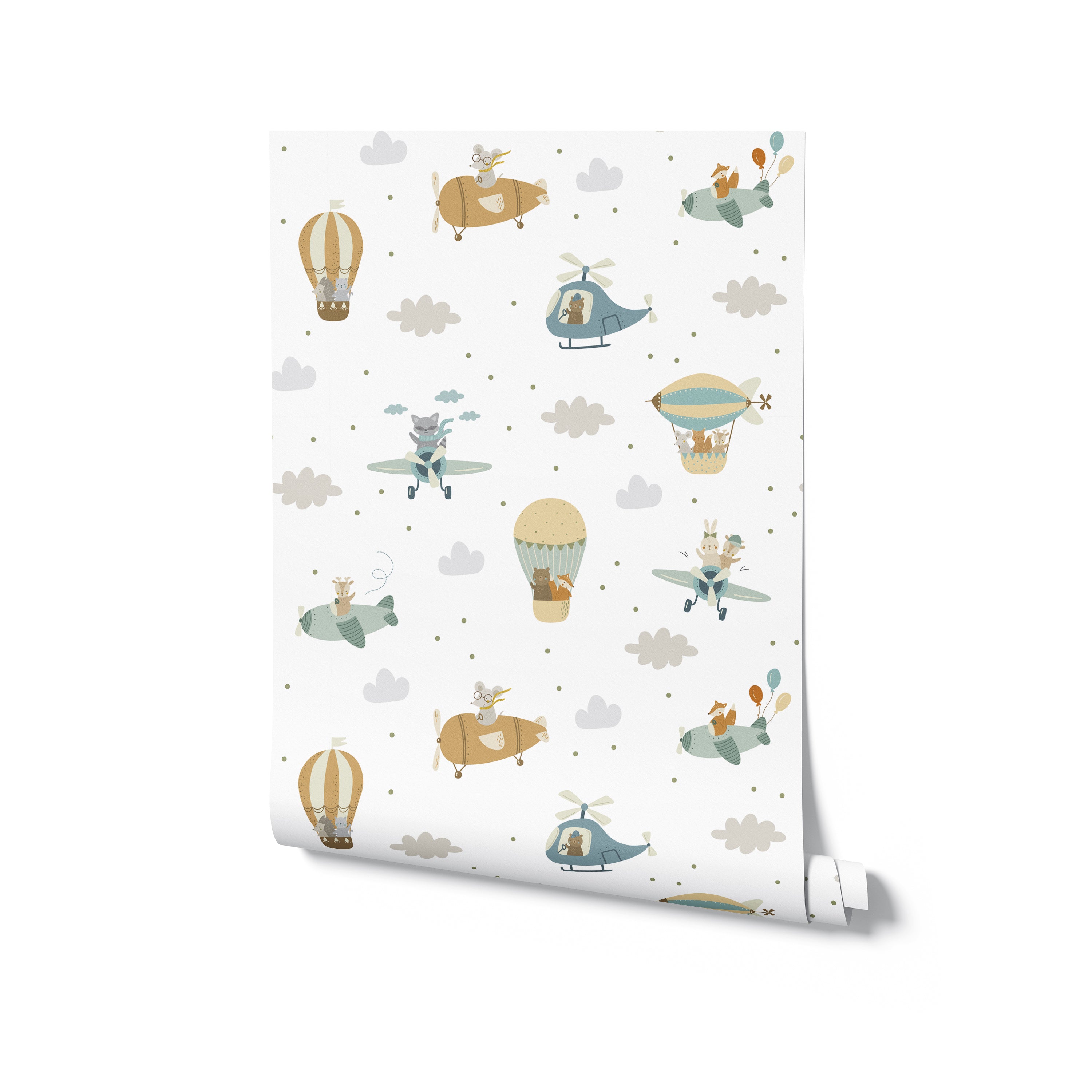 Rolled-up 'Flying Friends' wallpaper sample displaying an array of animals in flight, such as rabbits, foxes, and koalas, aboard whimsical aircraft. The playful design features a soft color palette with beige, greens, and blues, ideal for a child's room decor.
