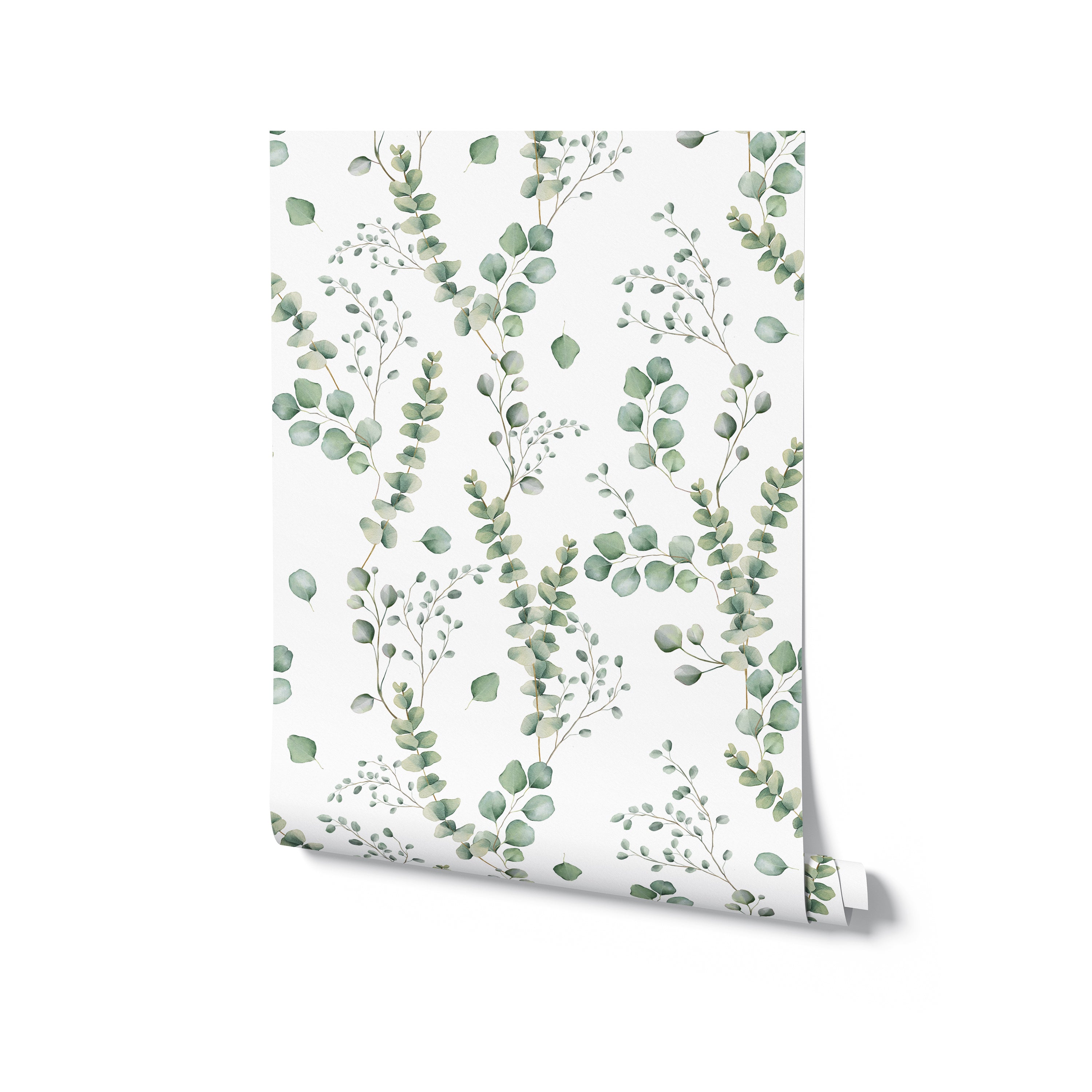 A close-up view of the Botanical Meadow Wallpaper, displaying the intricate details of the watercolor eucalyptus leaves in various shades of soft green. The wallpaper exudes a calm and natural atmosphere, suitable for creating a peaceful space.