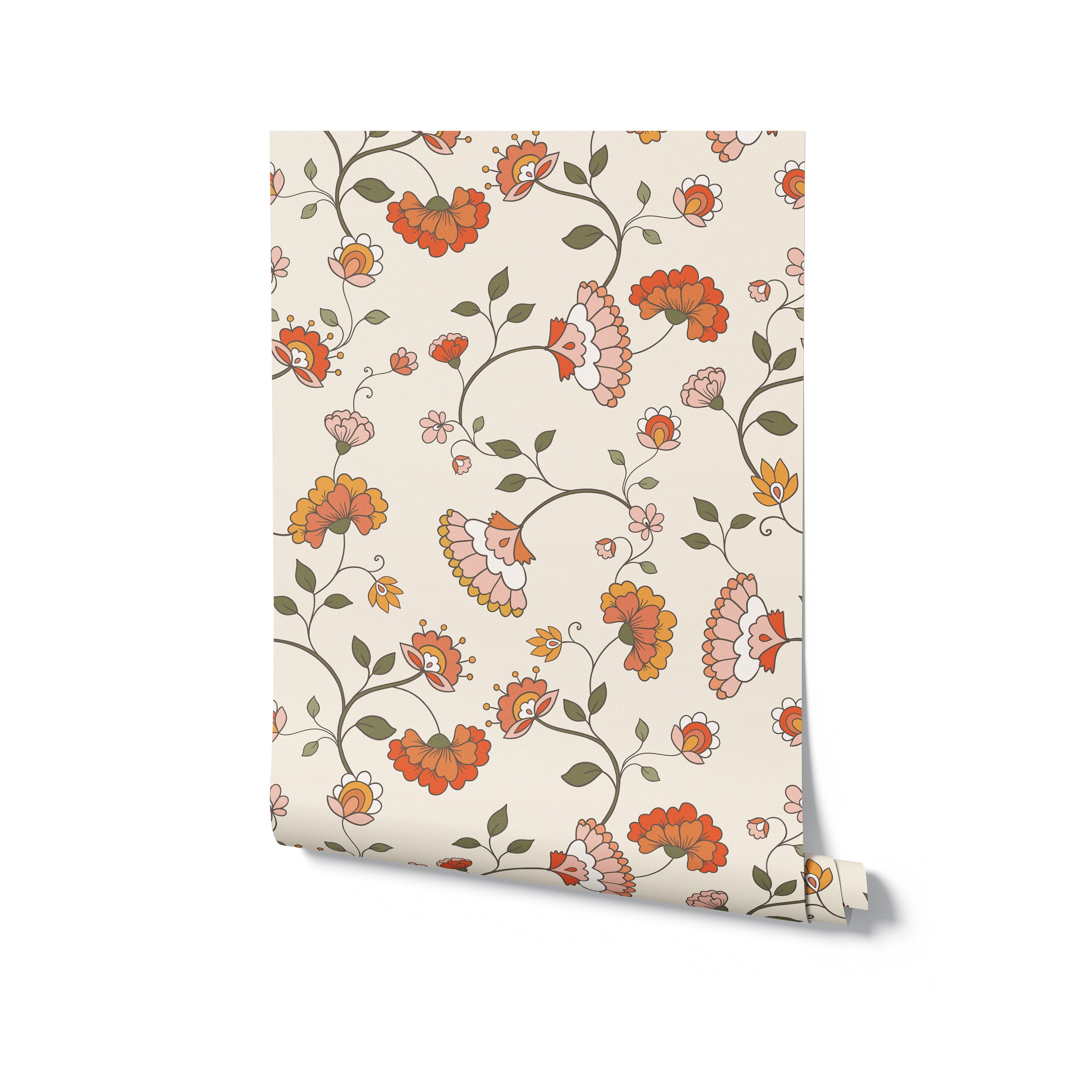 A roll of Retro Pattern Wallpaper leaning against a plain background, displaying the vintage-inspired floral print of orange and pink flowers with green leaves on a neutral backdrop, ready for installation.