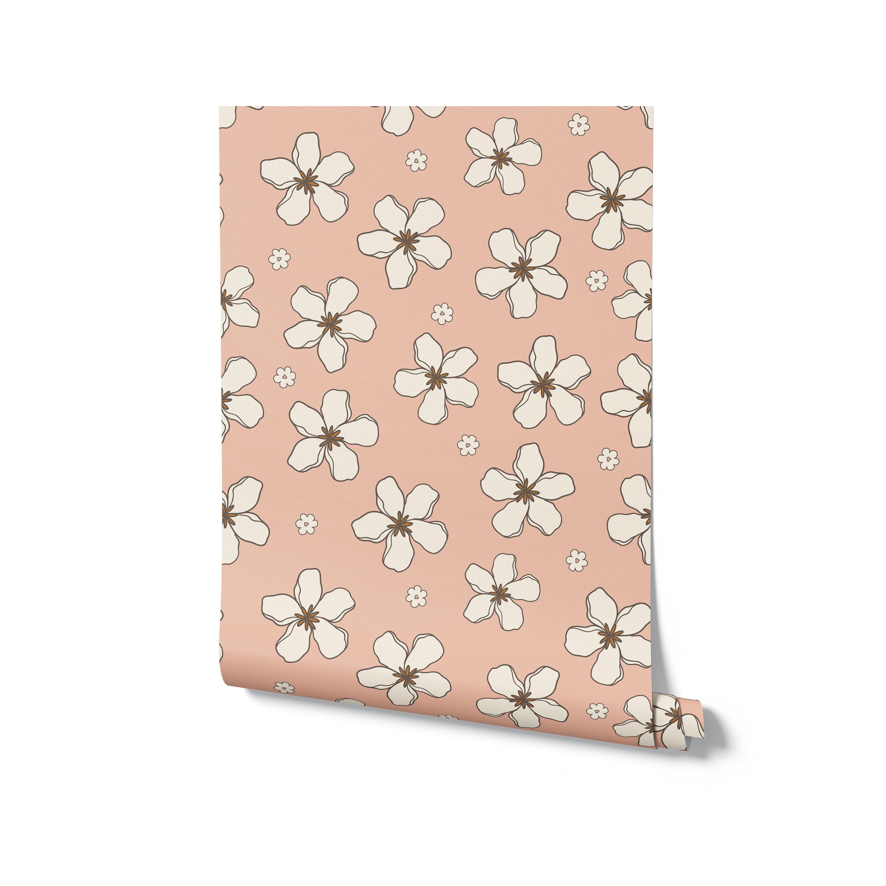 A roll of Retro Pink Flowers Wallpaper, displaying a pattern of bold white blooms with golden centers on a pink backdrop, ideal for adding a vintage yet timeless feel to any room.