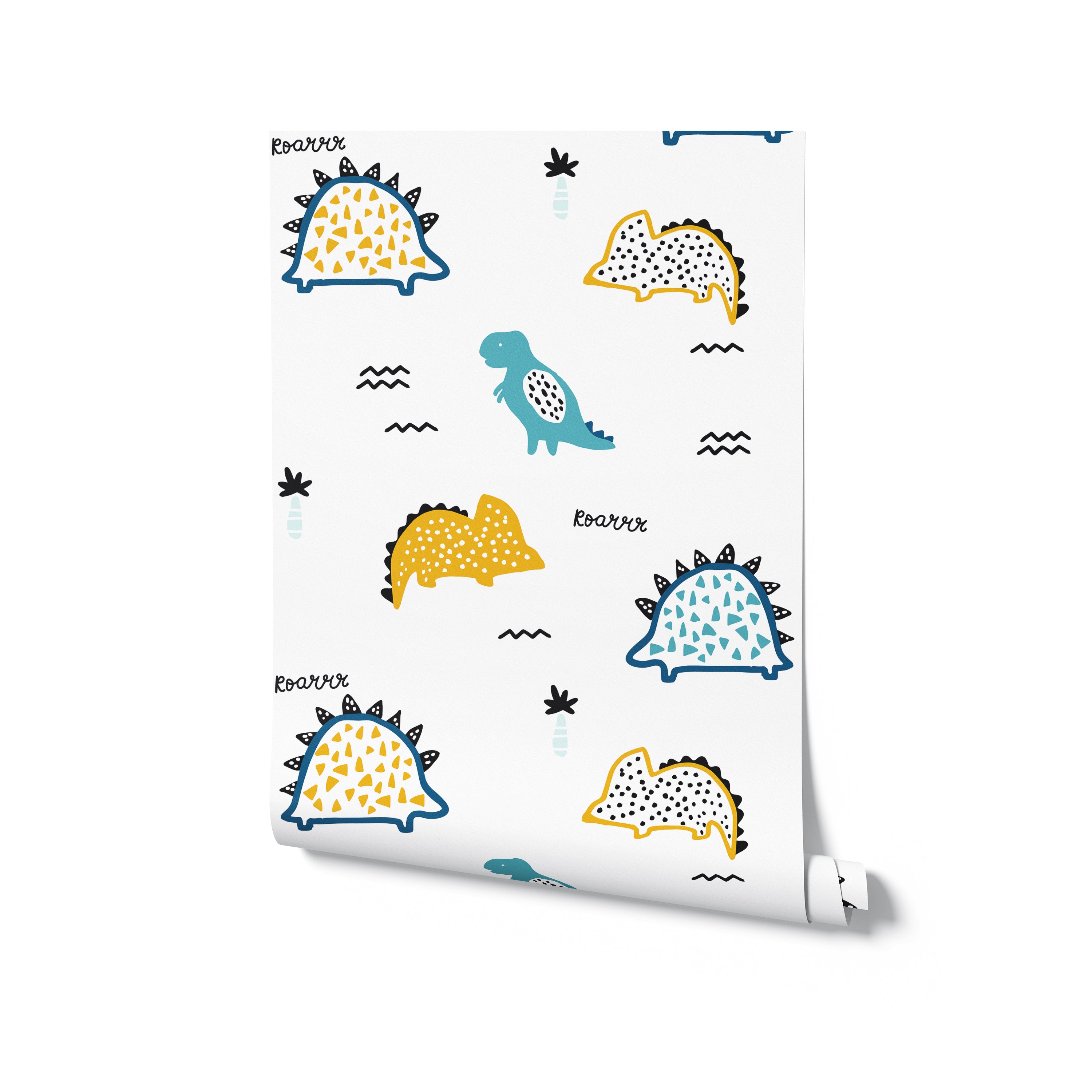 A roll of the Kids Wallpaper - Dino Days showing the repeated pattern of whimsical dinosaurs and tropical elements. This image highlights the fun and dynamic design of the wallpaper, suitable for adding character and joy to any child's play area or bedroom.