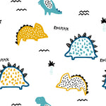 A playful and colorful wallpaper design featuring cartoon-style dinosaurs and tropical motifs in vibrant shades of yellow, blue, and black on a white background. The pattern includes friendly dinosaur illustrations, small decorative elements like palm trees and abstract shapes, and the text "Roarrr", creating a fun and engaging environment for a child's room.