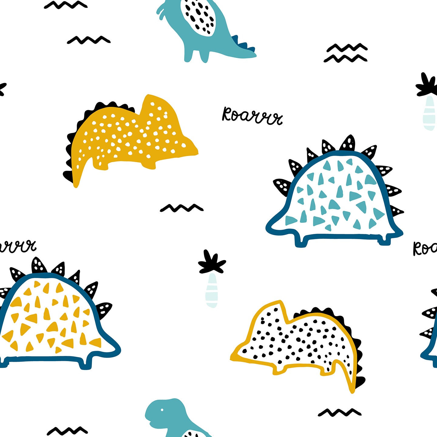 A playful and colorful wallpaper design featuring cartoon-style dinosaurs and tropical motifs in vibrant shades of yellow, blue, and black on a white background. The pattern includes friendly dinosaur illustrations, small decorative elements like palm trees and abstract shapes, and the text "Roarrr", creating a fun and engaging environment for a child's room.