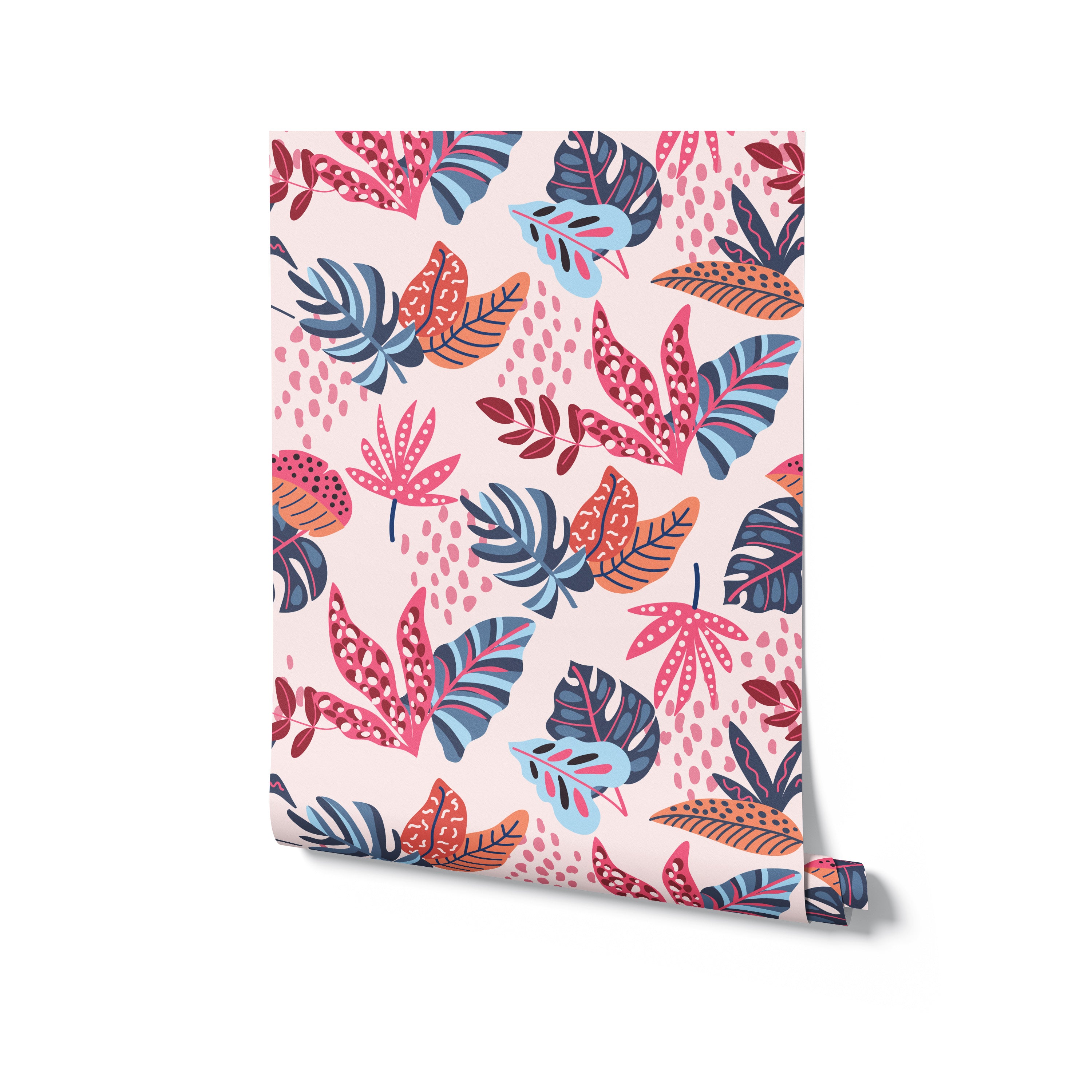 A single roll of Exotic Paradise wallpaper unrolled to display its dynamic pattern of tropical leaves in pink, blue, and orange on a light beige background.