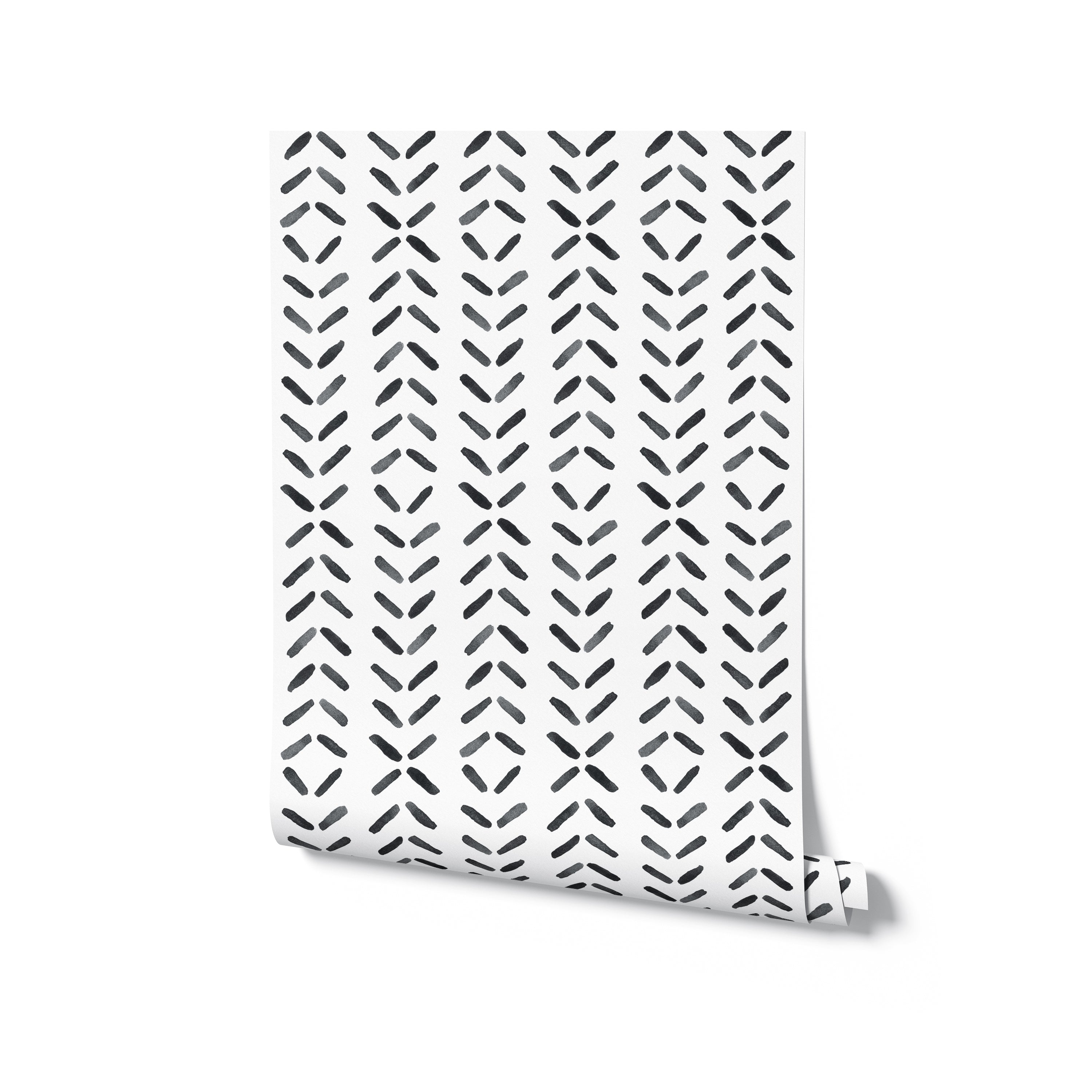 A roll of Boho Chevron Wallpaper, partially unrolled to show its distinctive chevron pattern in black on a light background. The wallpaper's dynamic and modern design makes it an ideal choice for creating an eye-catching feature wall in any room.