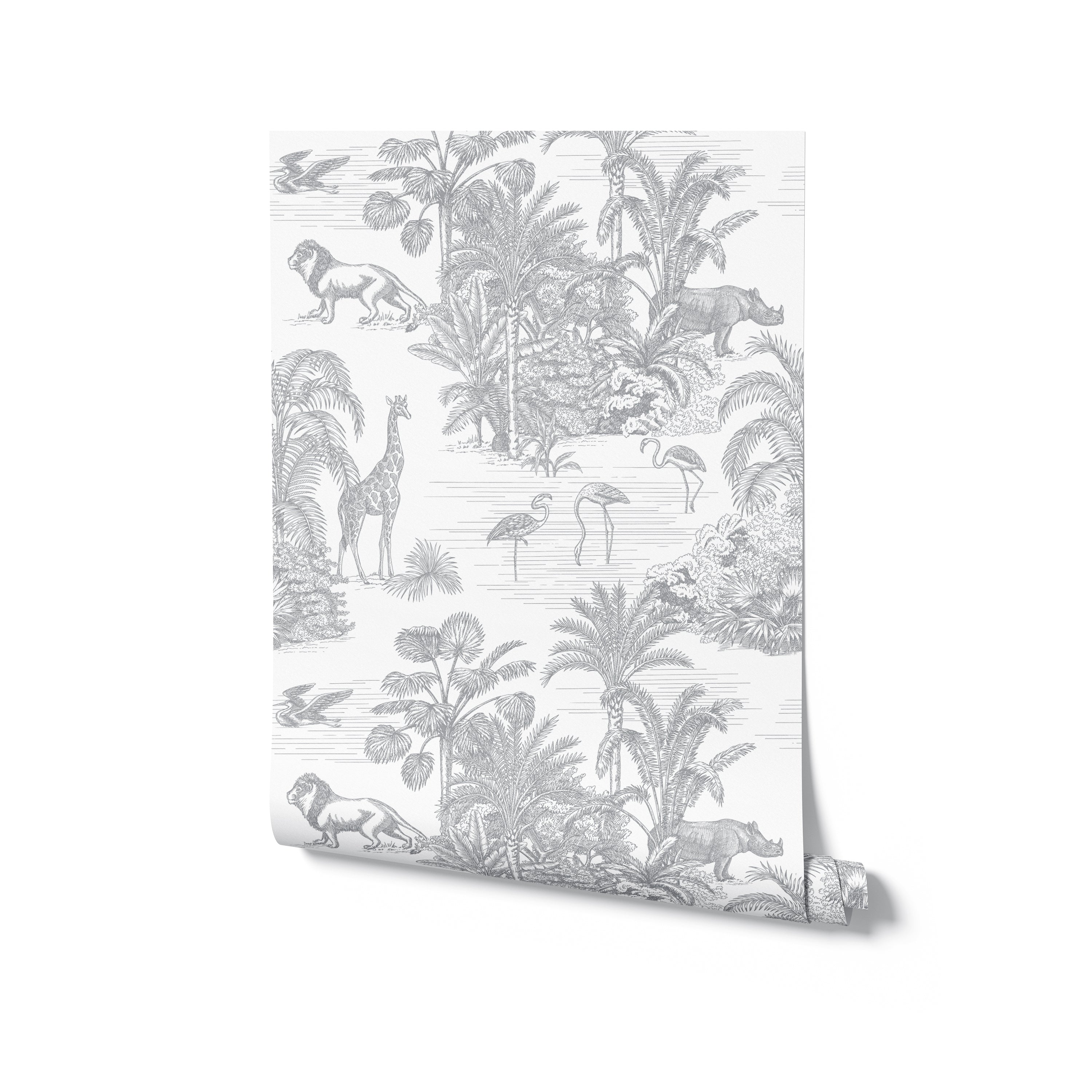 A roll of Jungle Theme Wallpaper unfurled against a white background, showcasing the detailed greyscale illustrations of the jungle's exotic animals and plants. The wallpaper's design is reminiscent of a hand-drawn sketch, perfect for adding a unique and explorative touch to interior spaces.