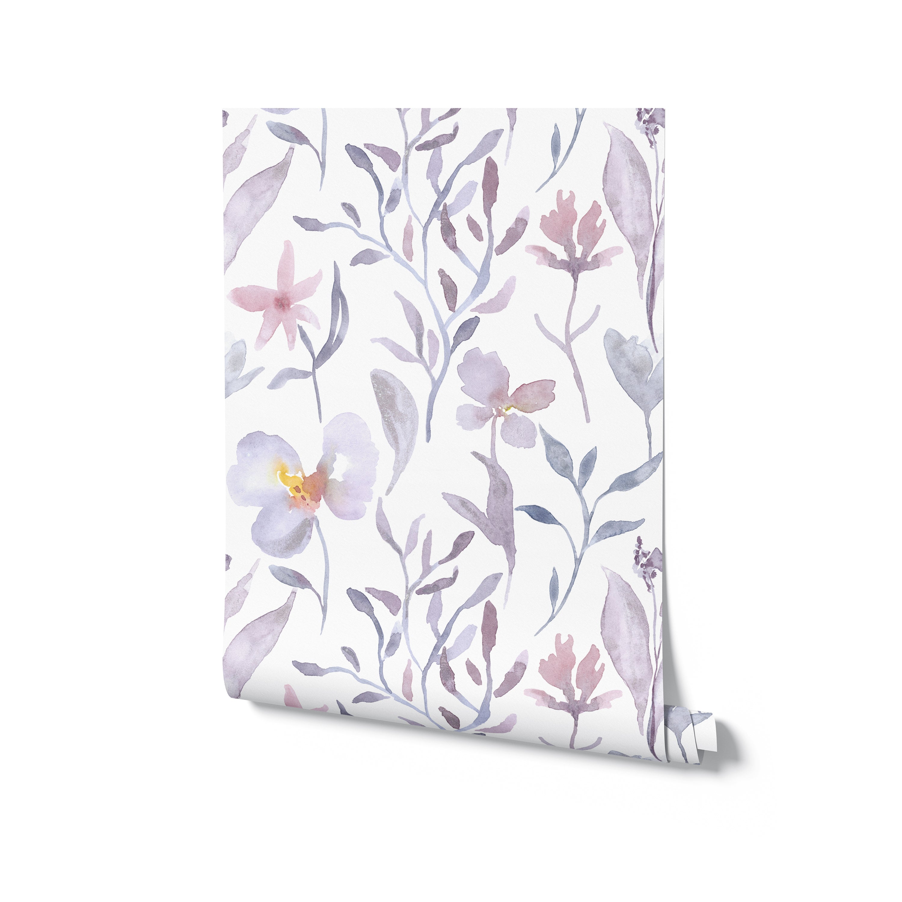Roll of Watercolor Garden Wallpaper, slightly unrolled to reveal intricate watercolor floral patterns in shades of purple and pink with grey foliage on a white background. This wallpaper brings a fresh and artistic touch to any room, perfect for those looking to add a bit of nature-inspired elegance to their space