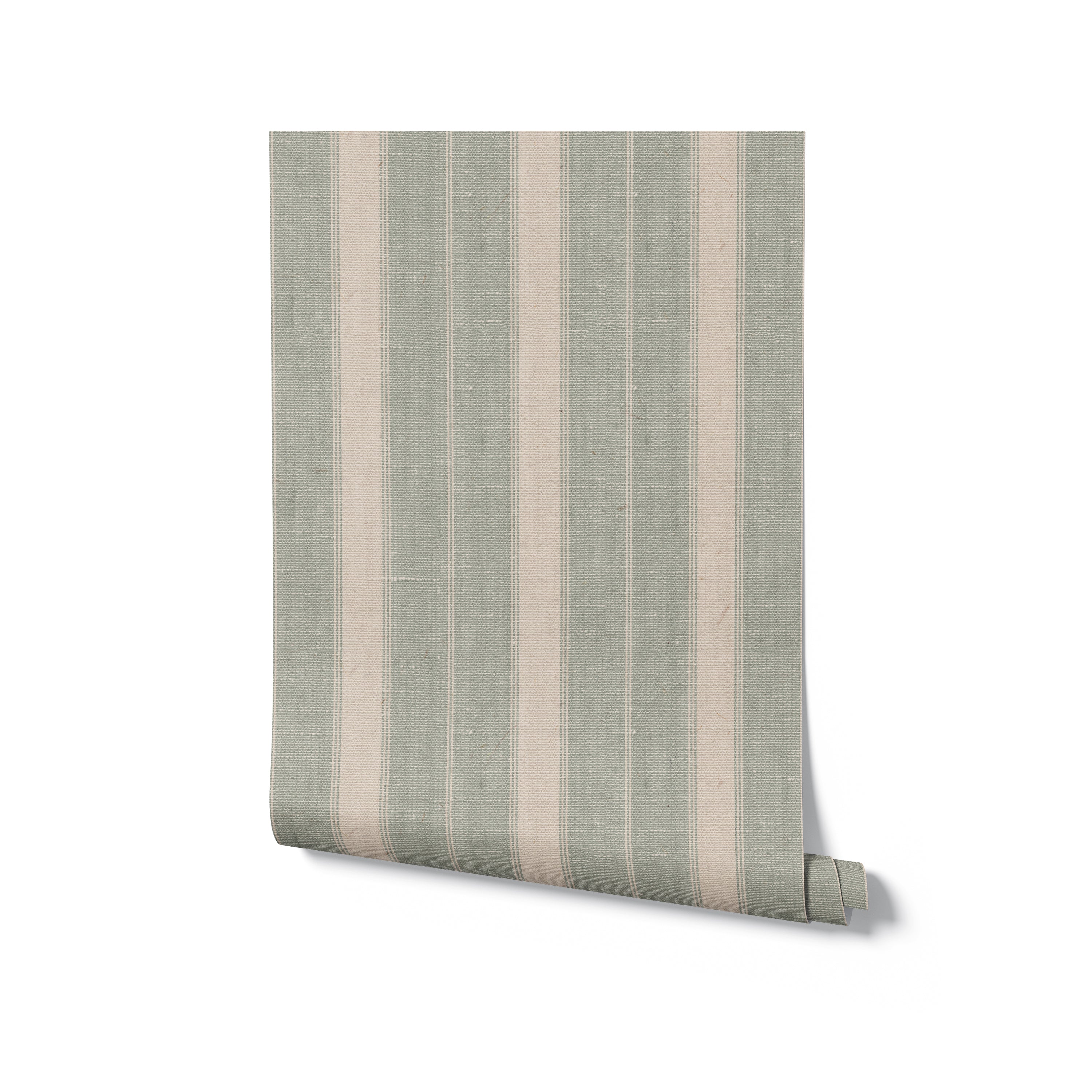 A roll of 'Burlap Striped Wallpaper' shown in a slight curl, emphasizing the simple elegance of the textile pattern in a classic stripe design, ready to enhance a room with its warm tones