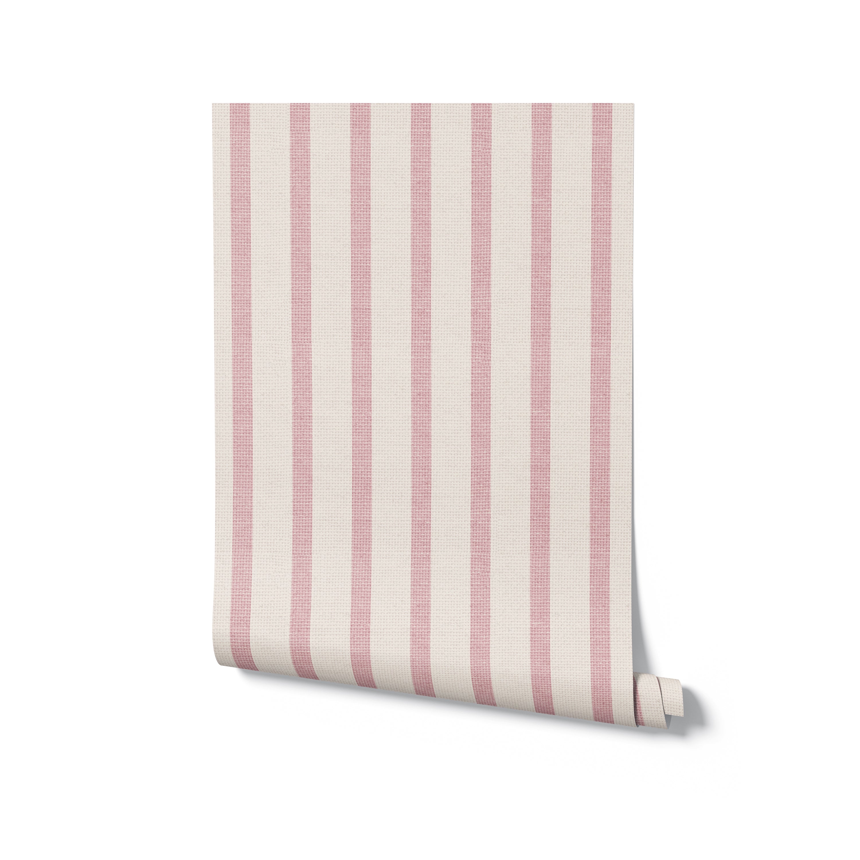 Roll of Pink Textured Striped Wallpaper slightly unrolled, showing detailed textured stripes in alternating shades of pink. This wallpaper is perfect for adding a touch of elegance and vibrancy to interior spaces