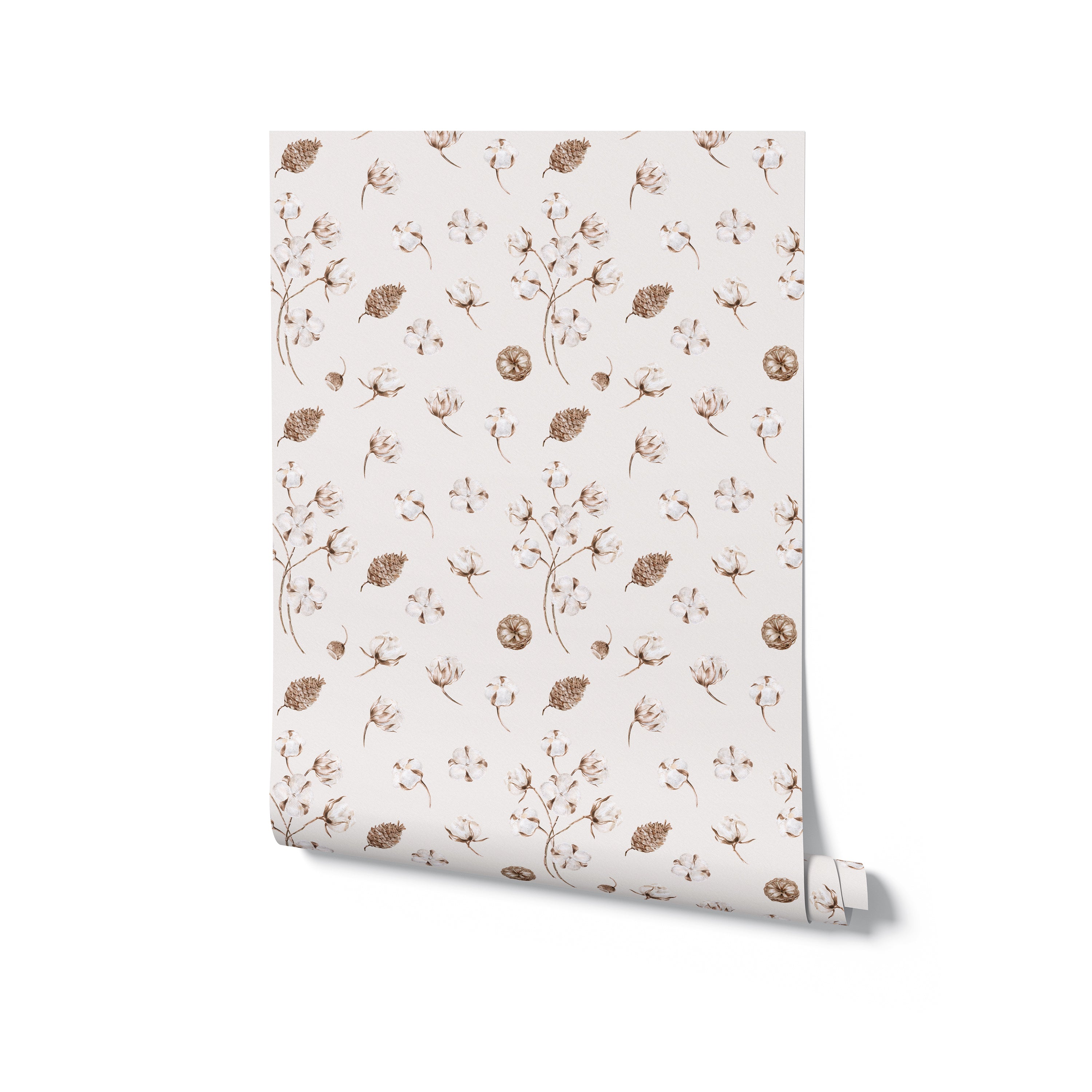 A roll of Winter Boho Wallpaper featuring an elegant botanical design with elements like cotton bolls and small branches in soft beige and brown tones on a white background. This wallpaper is ideal for adding a serene, rustic touch to any interior space.