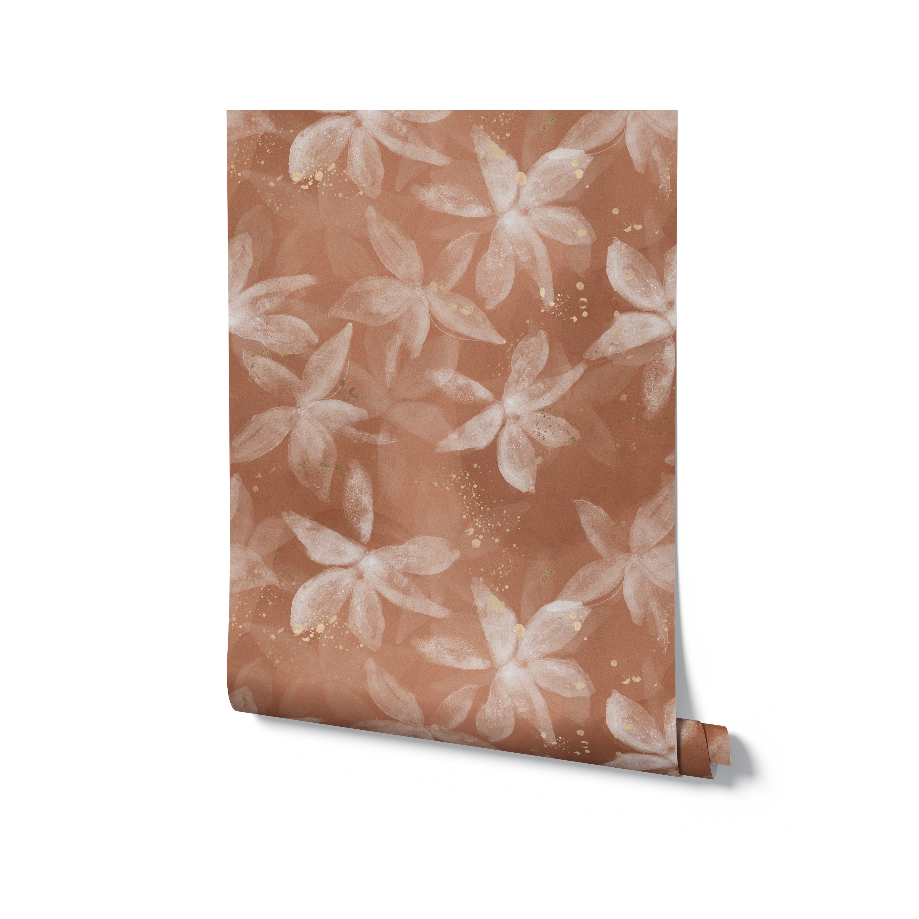 A roll of Shimmer and Terracotta Wallpaper, presented standing upright. The wallpaper displays a repeating pattern of translucent white flowers on a terracotta background, with hints of gold flecks throughout, providing a subtle shimmering effect.